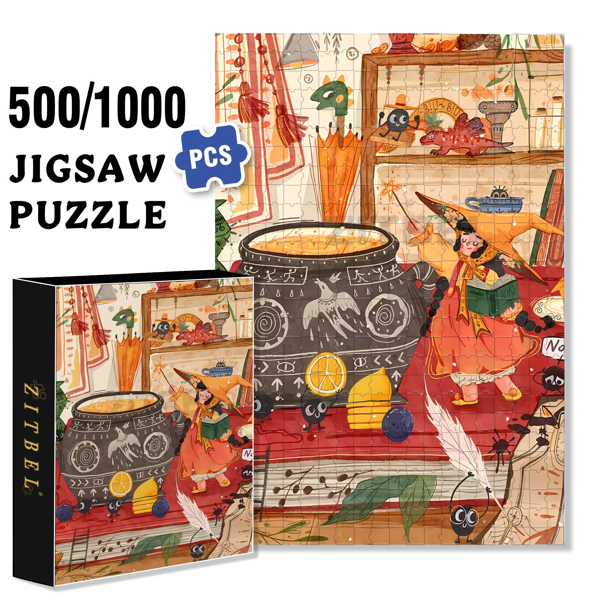 Magical Fire 500pcs/1000pcs Jigsaw Puzzle, Scratch-Resistant, Interactive Family Game & Brain-Boosting DIY Decor, Perfect for Halloween, Christmas & New Year Gifts, Family Puzzle Game