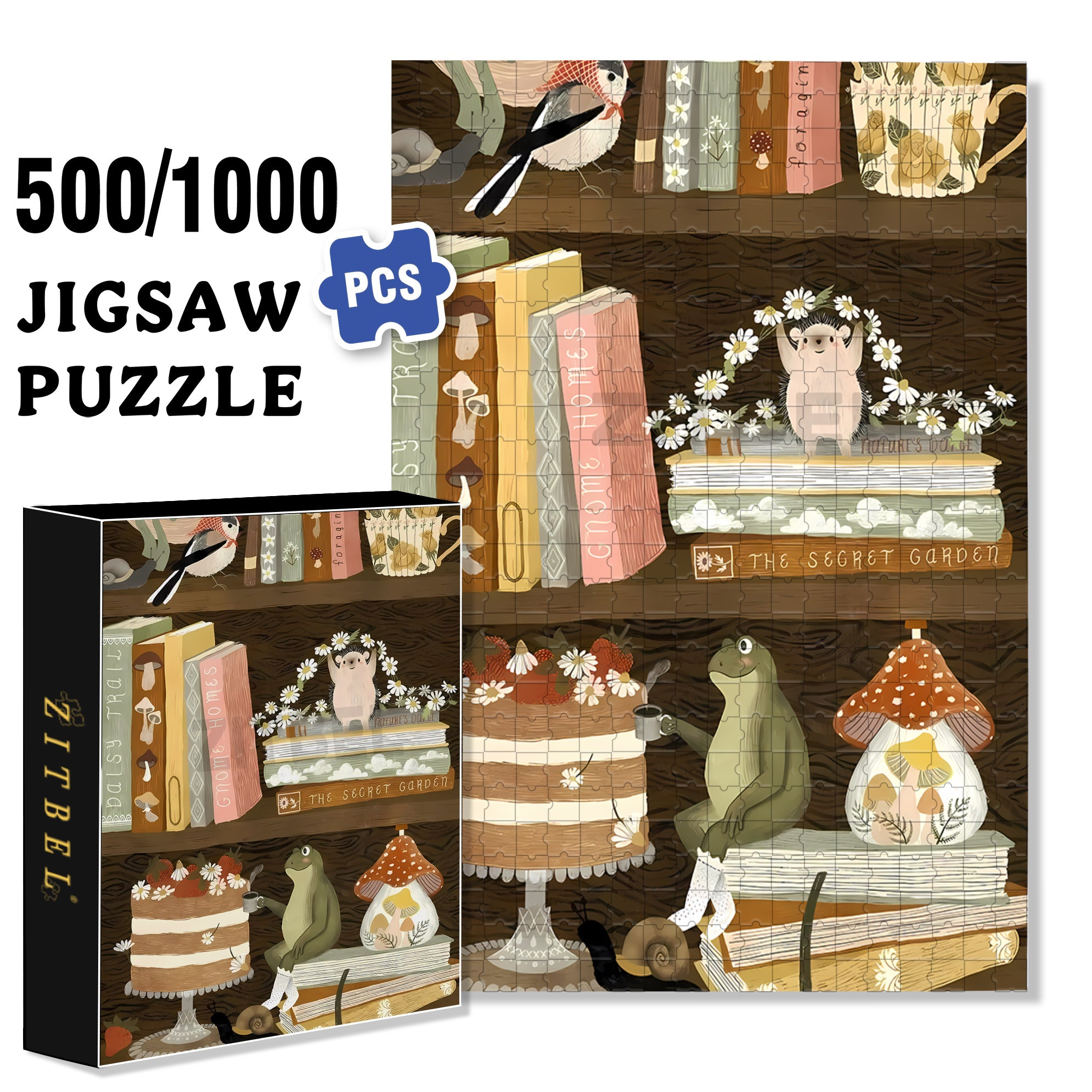 On The Bookshelf 500pcs/1000pcs Jigsaw Puzzle, Scratch-Resistant, Interactive Family Game & Brain-Boosting DIY Decor, Perfect for Halloween, Christmas & New Year Gifts, Family Puzzle Game