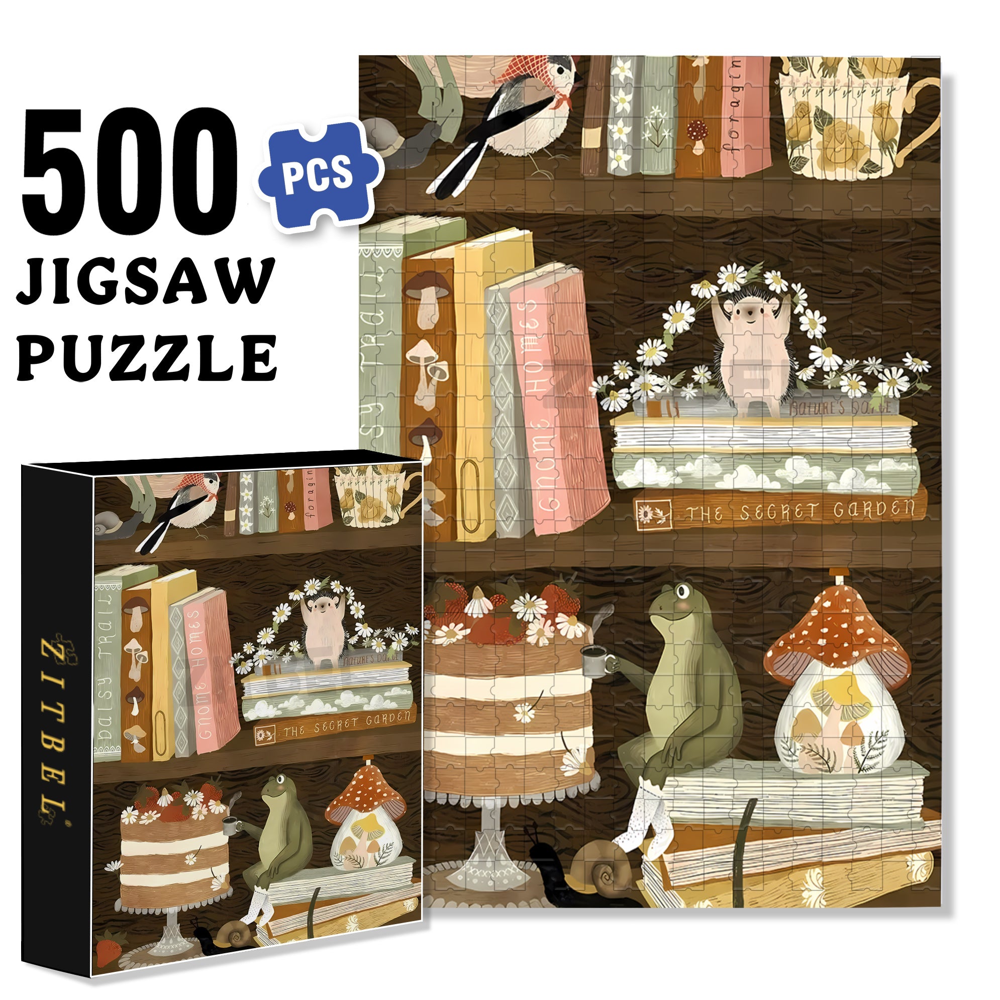 On The Bookshelf 500pcs/1000pcs Jigsaw Puzzle, Scratch-Resistant, Interactive Family Game & Brain-Boosting DIY Decor, Perfect for Halloween, Christmas & New Year Gifts, Family Puzzle Game