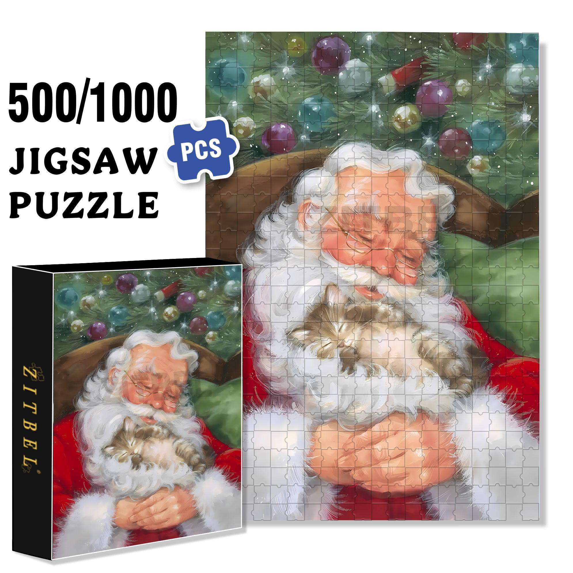 Santa Claus And The Cat 500pcs/1000pcs Jigsaw Puzzle, Scratch-Resistant, Interactive Family Game & Brain-Boosting DIY Decor, Perfect for Halloween, Christmas & New Year Gifts, Family Puzzle Game