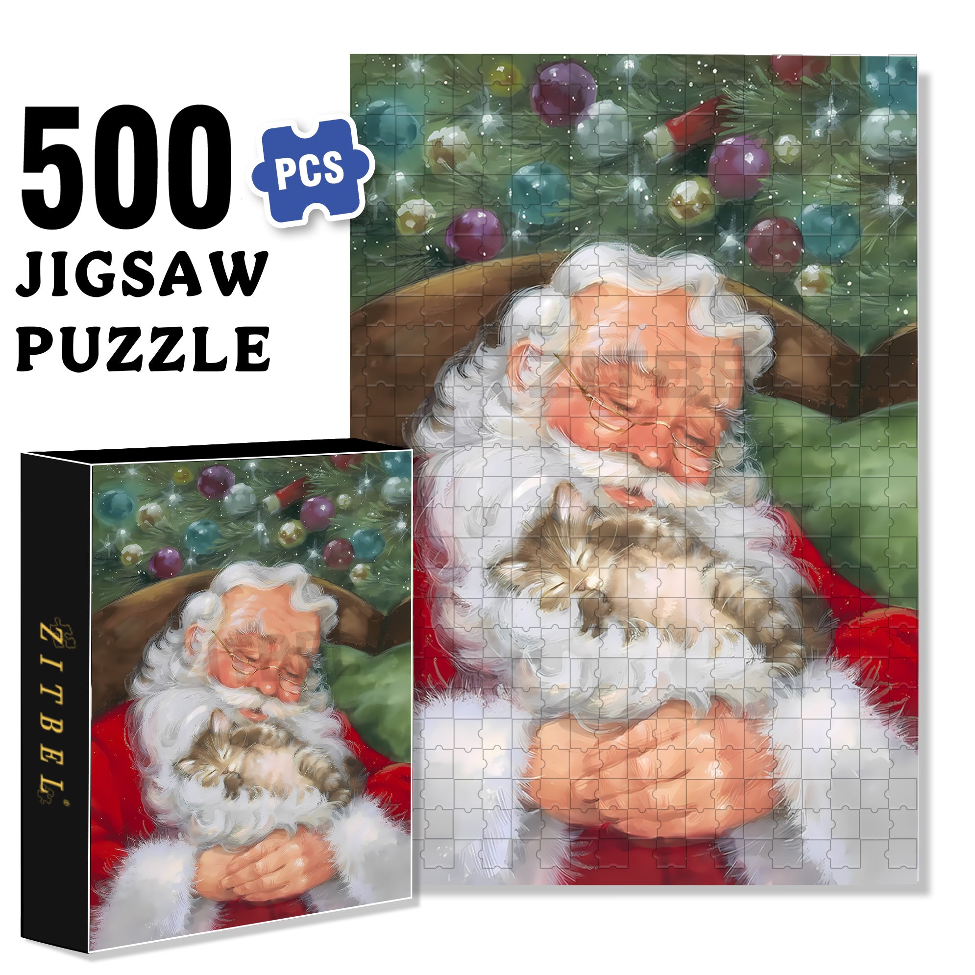 Santa Claus And The Cat 500pcs/1000pcs Jigsaw Puzzle, Scratch-Resistant, Interactive Family Game & Brain-Boosting DIY Decor, Perfect for Halloween, Christmas & New Year Gifts, Family Puzzle Game