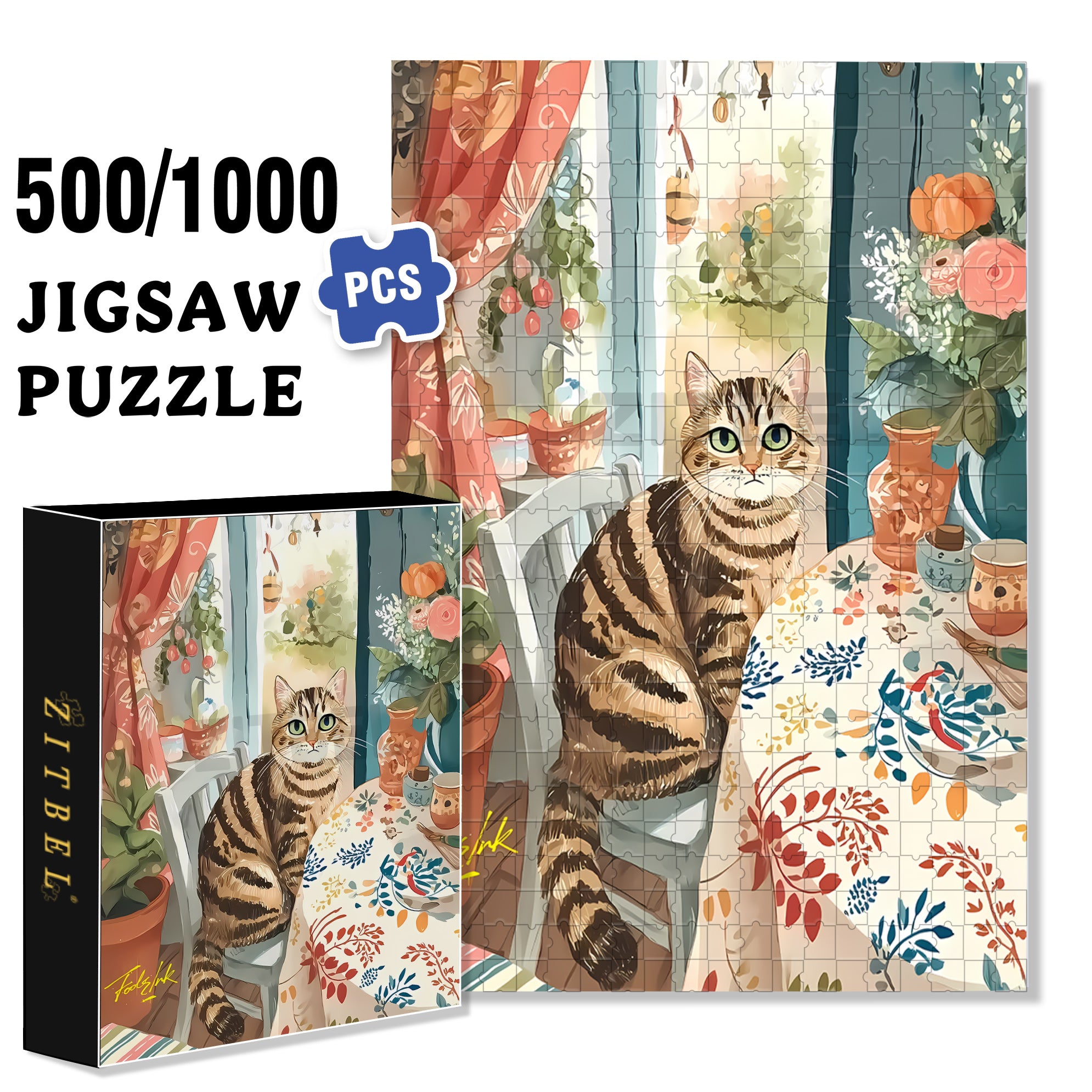 Tabby Cat 500pcs/1000pcs Jigsaw Puzzle, Scratch-Resistant, Interactive Family Game & Brain-Boosting DIY Decor, Perfect for Halloween, Christmas & New Year Gifts, Family Puzzle Game