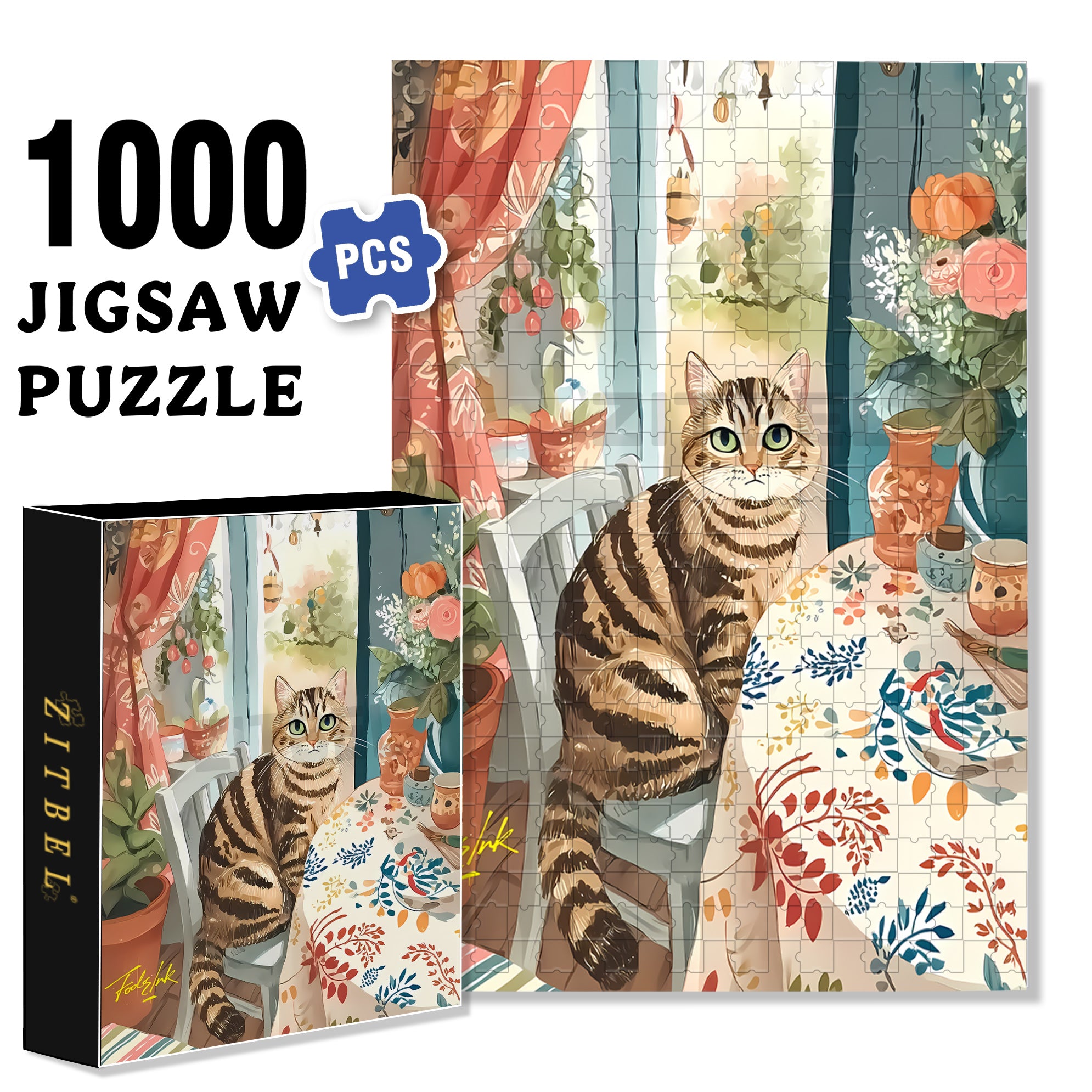 Tabby Cat 500pcs/1000pcs Jigsaw Puzzle, Scratch-Resistant, Interactive Family Game & Brain-Boosting DIY Decor, Perfect for Halloween, Christmas & New Year Gifts, Family Puzzle Game