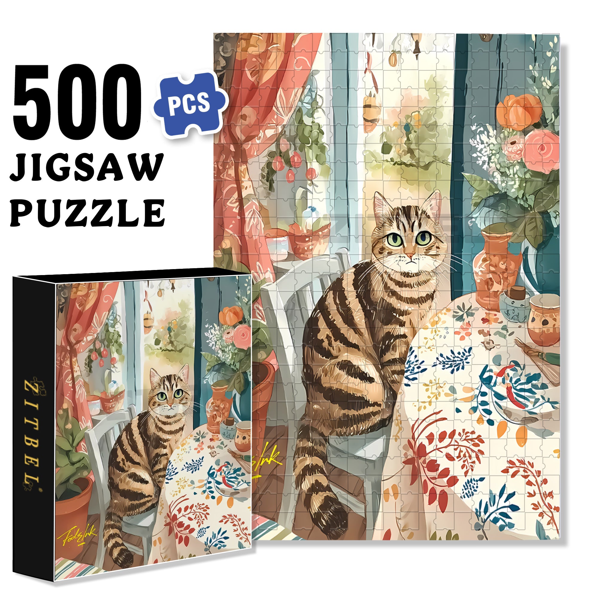 Tabby Cat 500pcs/1000pcs Jigsaw Puzzle, Scratch-Resistant, Interactive Family Game & Brain-Boosting DIY Decor, Perfect for Halloween, Christmas & New Year Gifts, Family Puzzle Game
