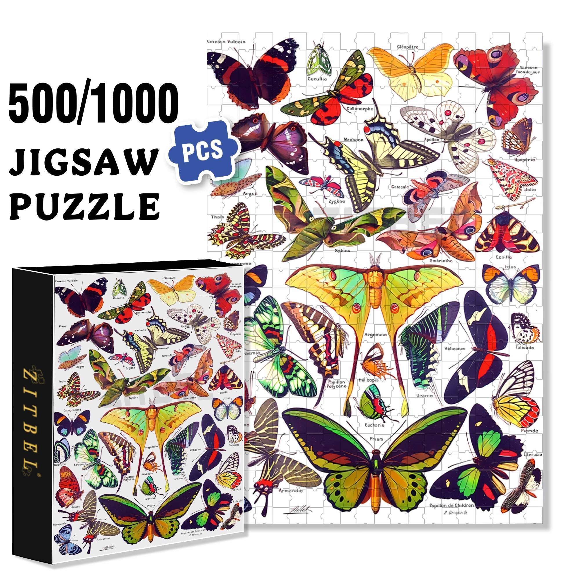 All Kinds Of Butterflies 500pcs/1000pcs Jigsaw Puzzle, Scratch-Resistant, Interactive Family Game & Brain-Boosting DIY Decor, Perfect for Halloween, Christmas & New Year Gifts, Family Puzzle Game