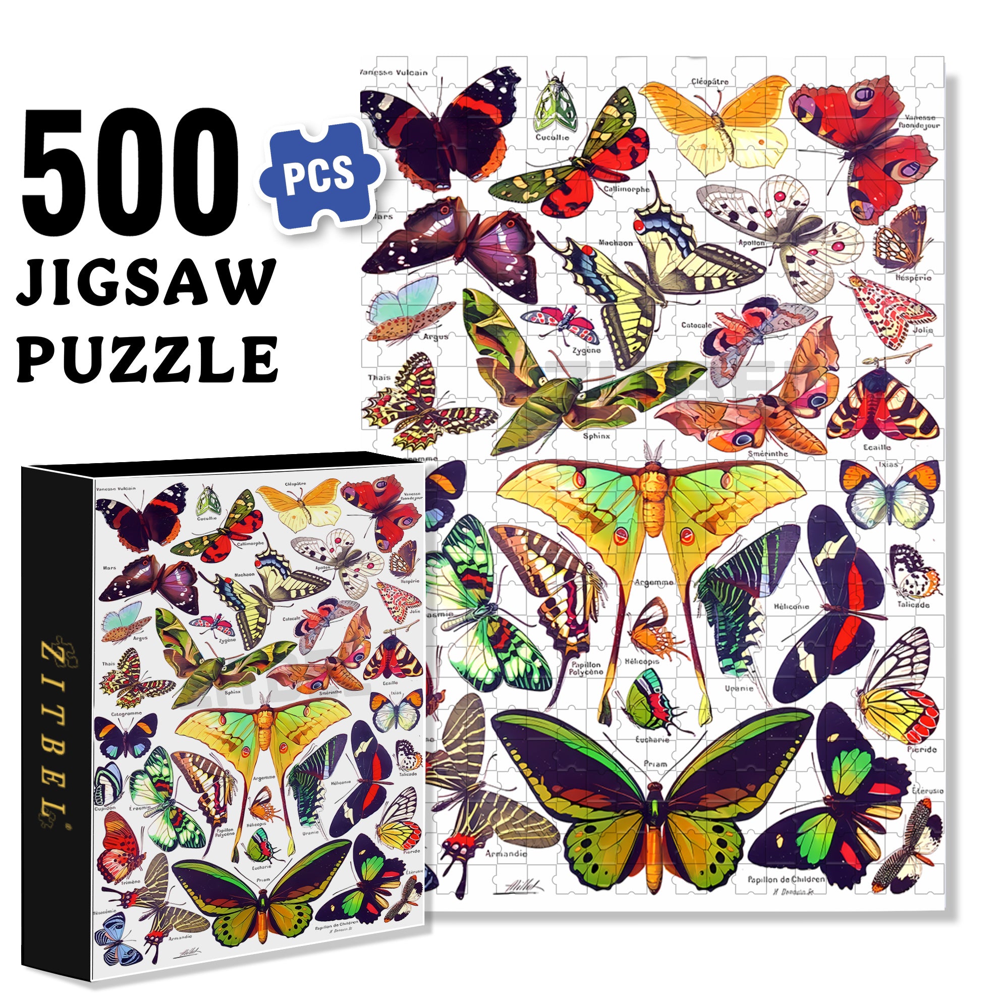All Kinds Of Butterflies 500pcs/1000pcs Jigsaw Puzzle, Scratch-Resistant, Interactive Family Game & Brain-Boosting DIY Decor, Perfect for Halloween, Christmas & New Year Gifts, Family Puzzle Game