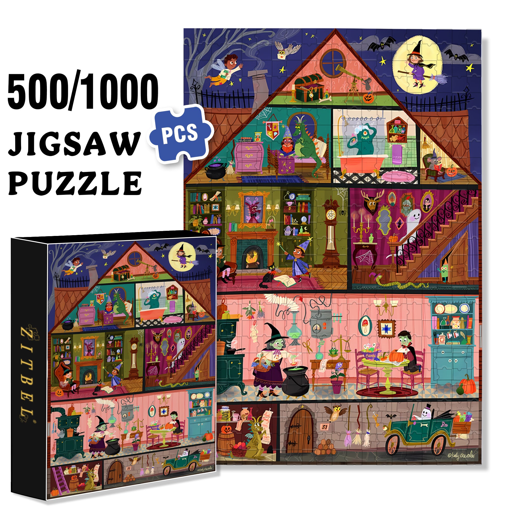 Haunted House 500pcs/1000pcs Jigsaw Puzzle, Scratch-Resistant, Interactive Family Game & Brain-Boosting DIY Decor, Perfect for Halloween, Christmas & New Year Gifts, Family Puzzle Game