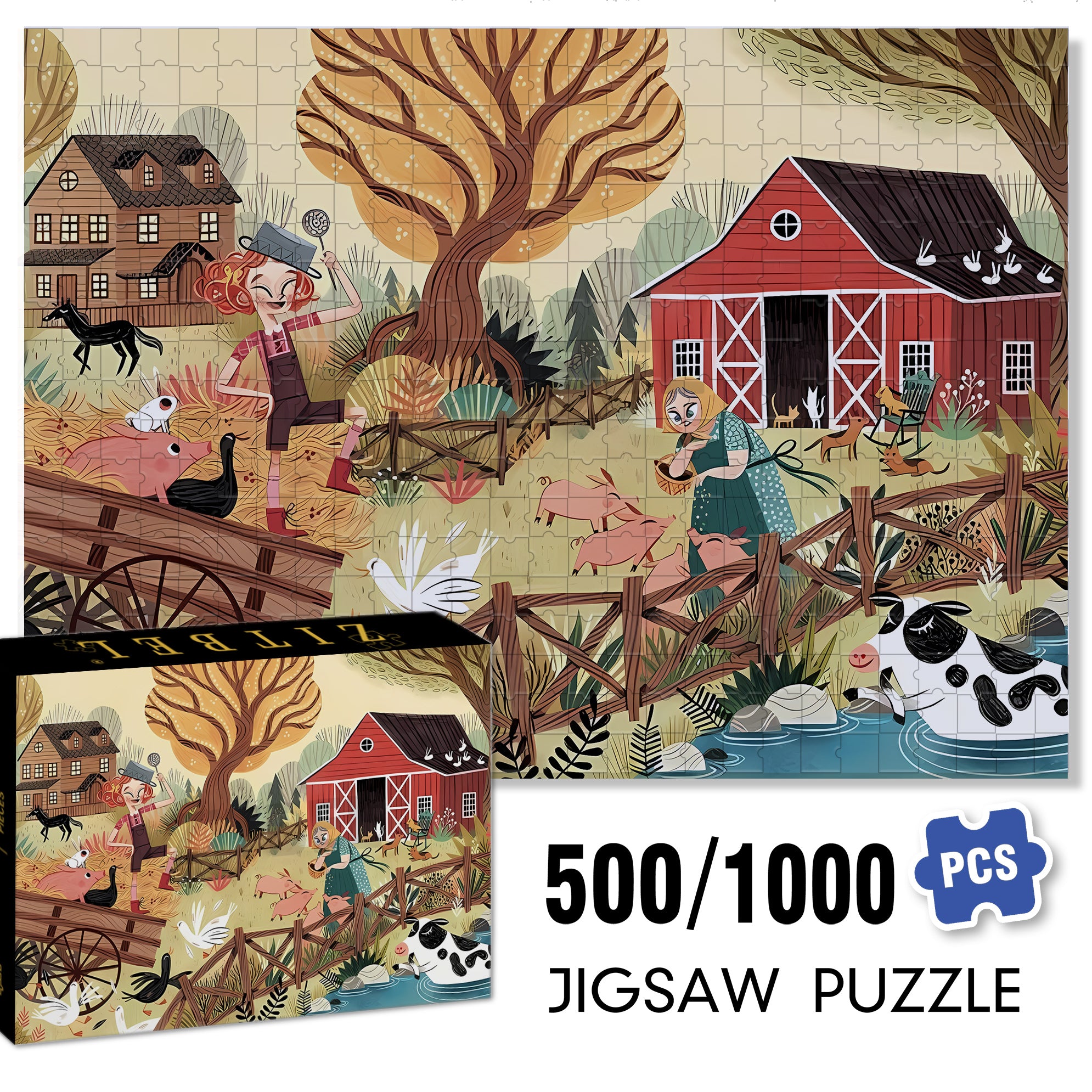Interesting Farm 500pcs/1000pcs Jigsaw Puzzle, Scratch-Resistant, Interactive Family Game & Brain-Boosting DIY Decor, Perfect for Halloween, Christmas & New Year Gifts, Family Puzzle Game