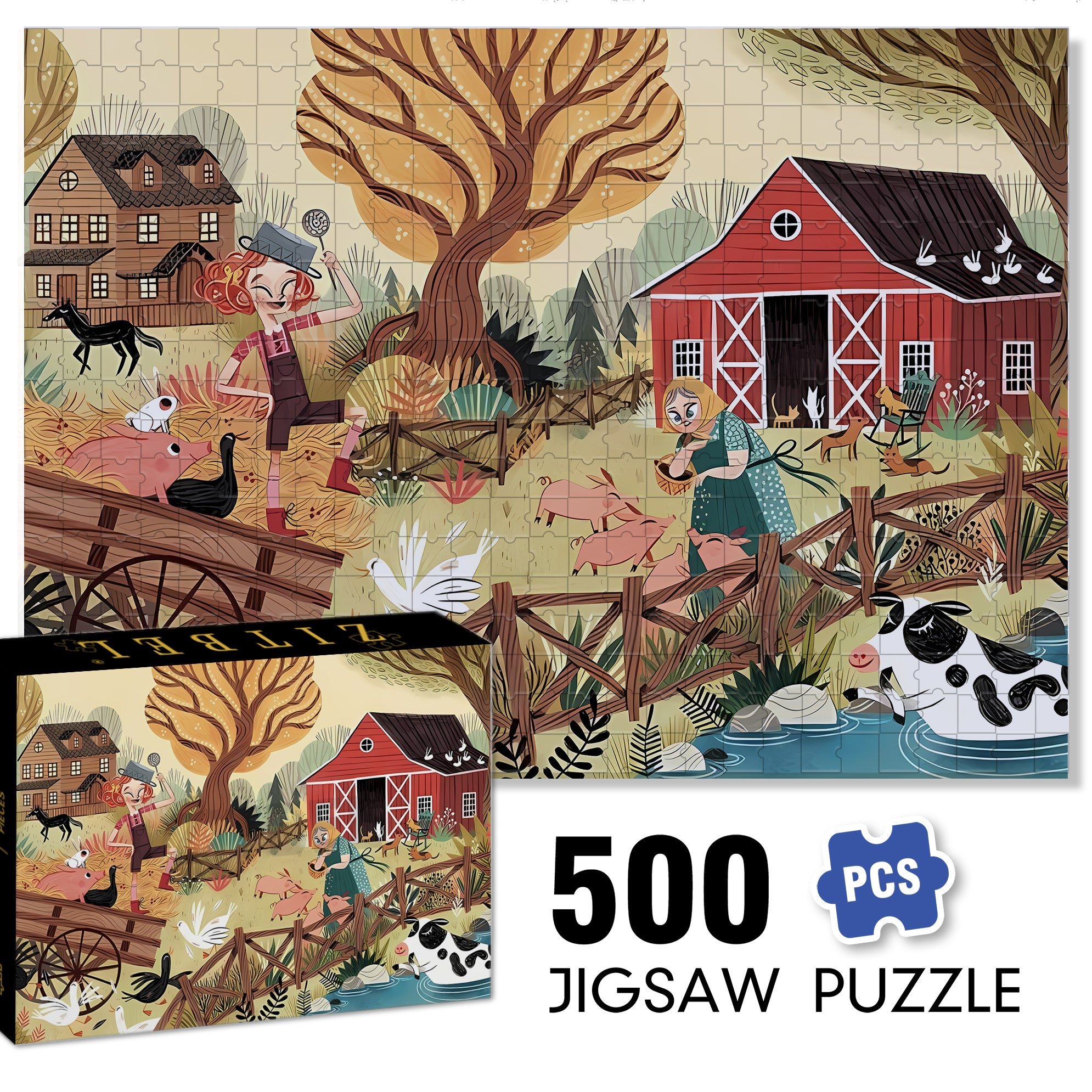 Interesting Farm 500pcs/1000pcs Jigsaw Puzzle, Scratch-Resistant, Interactive Family Game & Brain-Boosting DIY Decor, Perfect for Halloween, Christmas & New Year Gifts, Family Puzzle Game