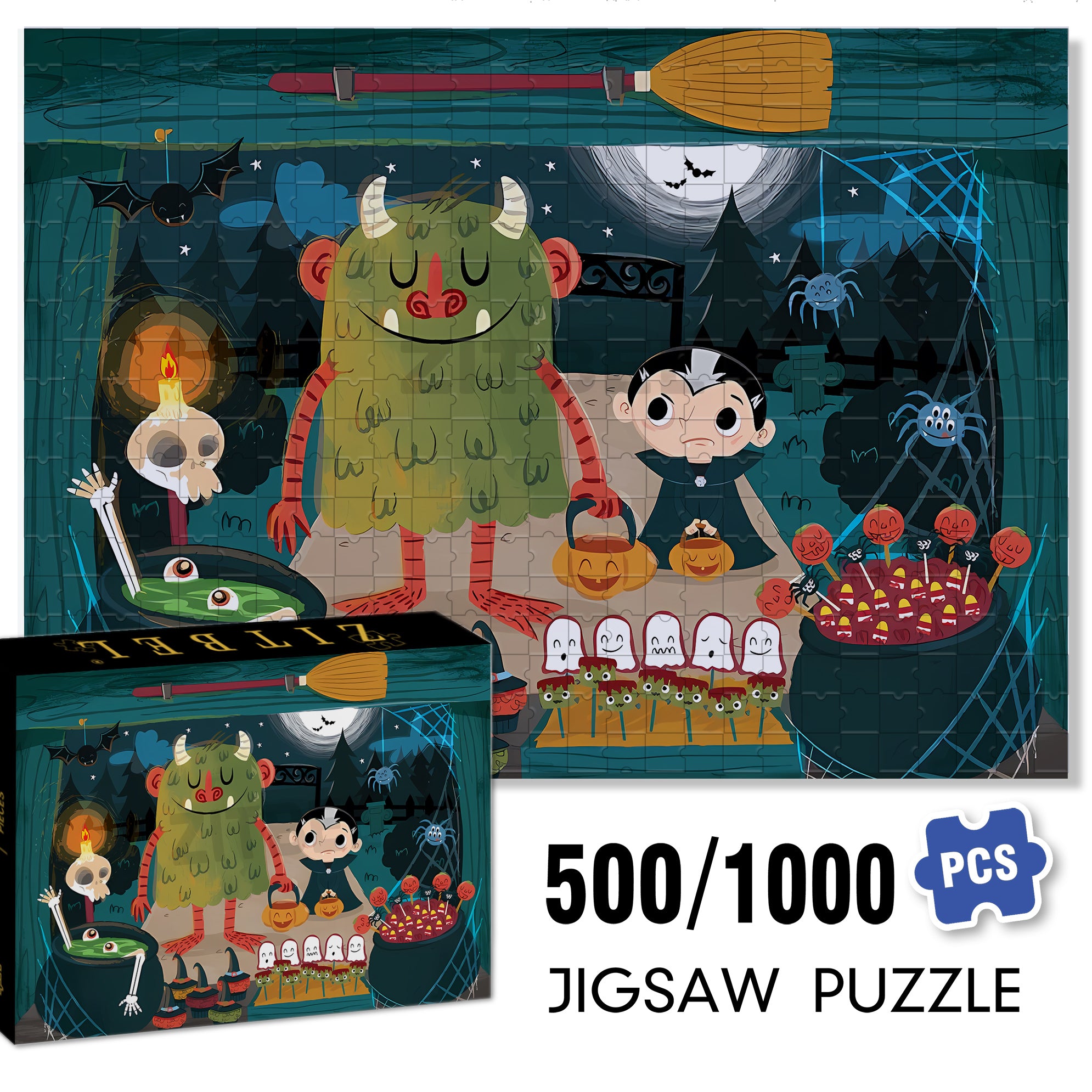 Monster treat! 500pcs/1000pcs Jigsaw Puzzle, Scratch-Resistant, Interactive Family Game & Brain-Boosting DIY Decor, Perfect for Halloween, Christmas & New Year Gifts, Family Puzzle Game
