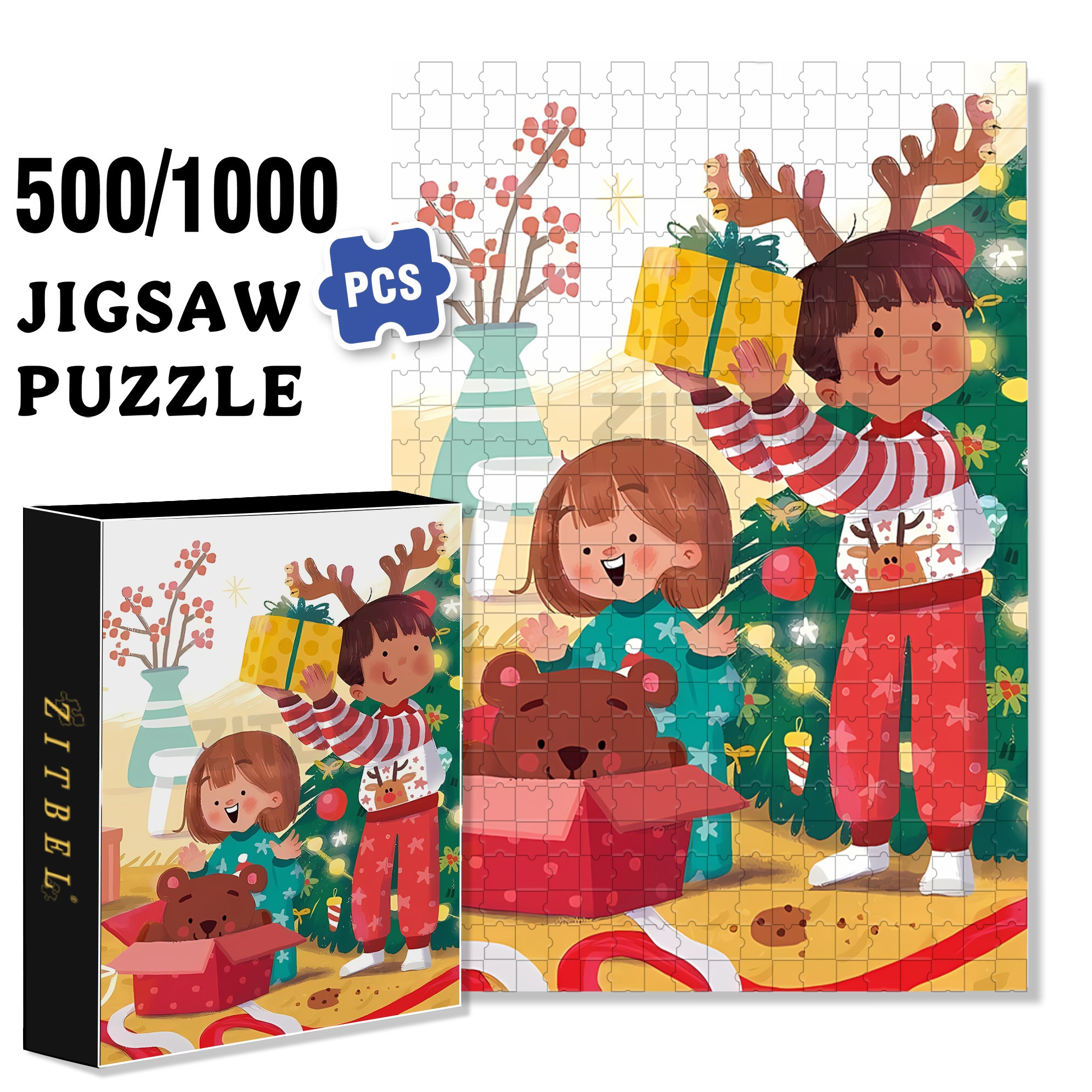 Open A Gift 500pcs/1000pcs Jigsaw Puzzle, Scratch-Resistant, Interactive Family Game & Brain-Boosting DIY Decor, Perfect for Halloween, Christmas & New Year Gifts, Family Puzzle Game