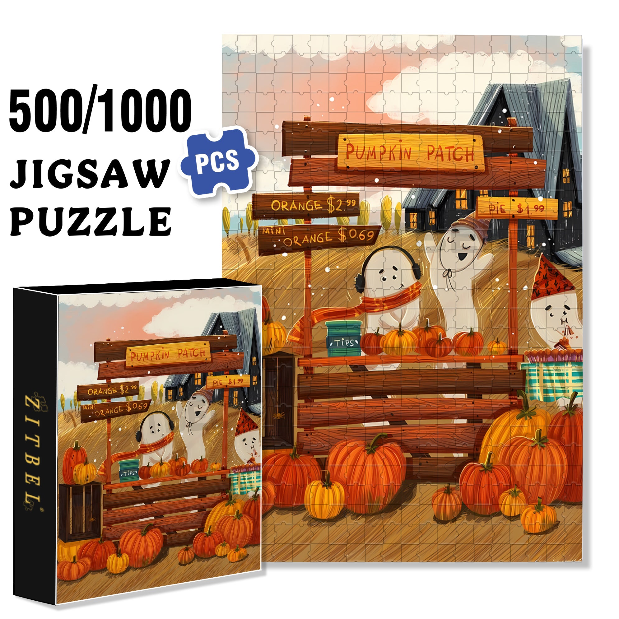 Pumpkin Patch 500pcs/1000pcs Jigsaw Puzzle, Scratch-Resistant, Interactive Family Game & Brain-Boosting DIY Decor, Perfect for Halloween, Christmas & New Year Gifts, Family Puzzle Game