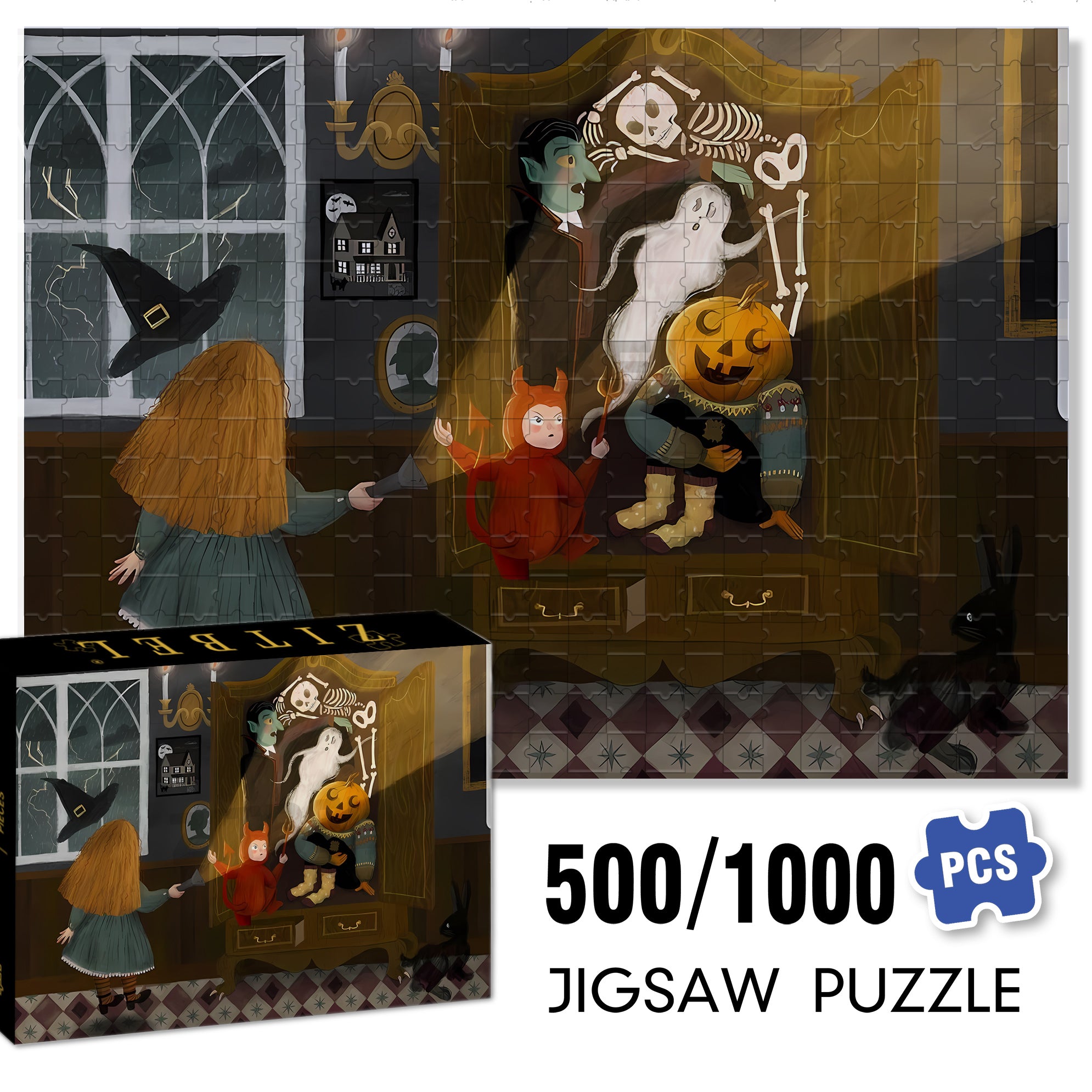 Scare 500pcs/1000pcs Jigsaw Puzzle, Scratch-Resistant, Interactive Family Game & Brain-Boosting DIY Decor, Perfect for Halloween, Christmas & New Year Gifts, Family Puzzle Game