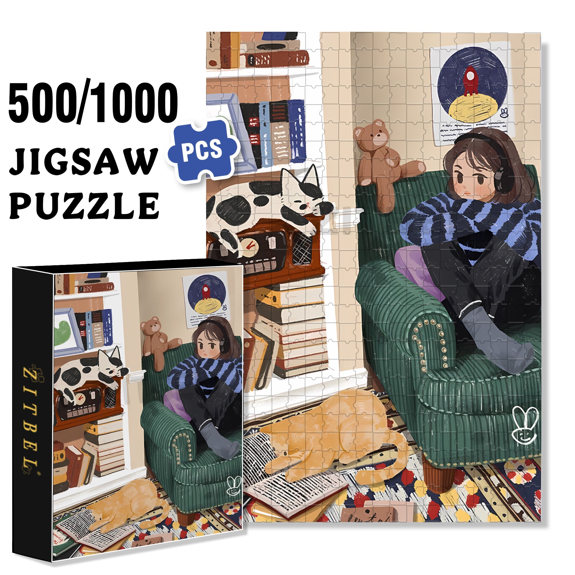 Listen To Music 500pcs/1000pcs Jigsaw Puzzle, Scratch-Resistant, Interactive Family Game & Brain-Boosting DIY Decor, Perfect for Halloween, Christmas & New Year Gifts, Family Puzzle Game