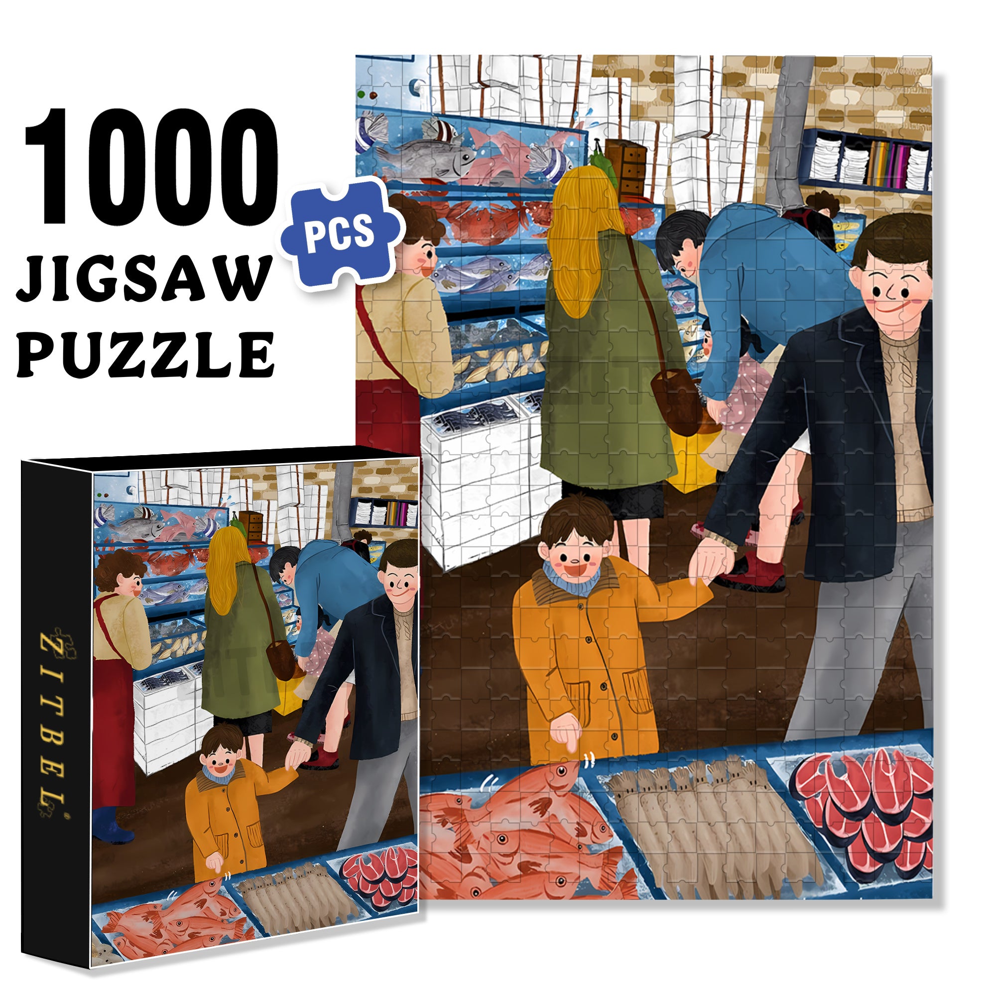 Seafood Market 500pcs/1000pcs Jigsaw Puzzle, Scratch-Resistant, Interactive Family Game & Brain-Boosting DIY Decor, Perfect for Halloween, Christmas & New Year Gifts, Family Puzzle Game