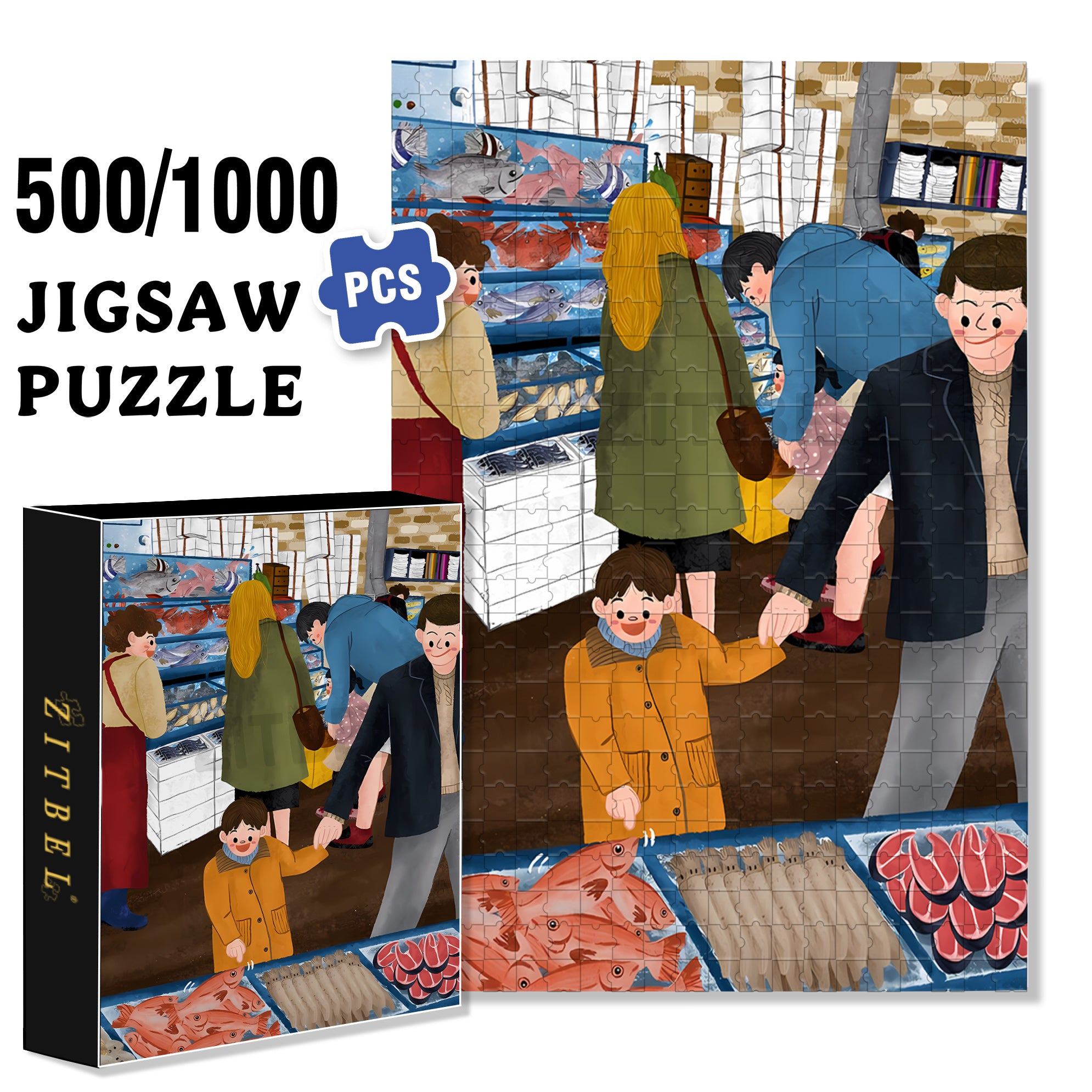Seafood Market 500pcs/1000pcs Jigsaw Puzzle, Scratch-Resistant, Interactive Family Game & Brain-Boosting DIY Decor, Perfect for Halloween, Christmas & New Year Gifts, Family Puzzle Game