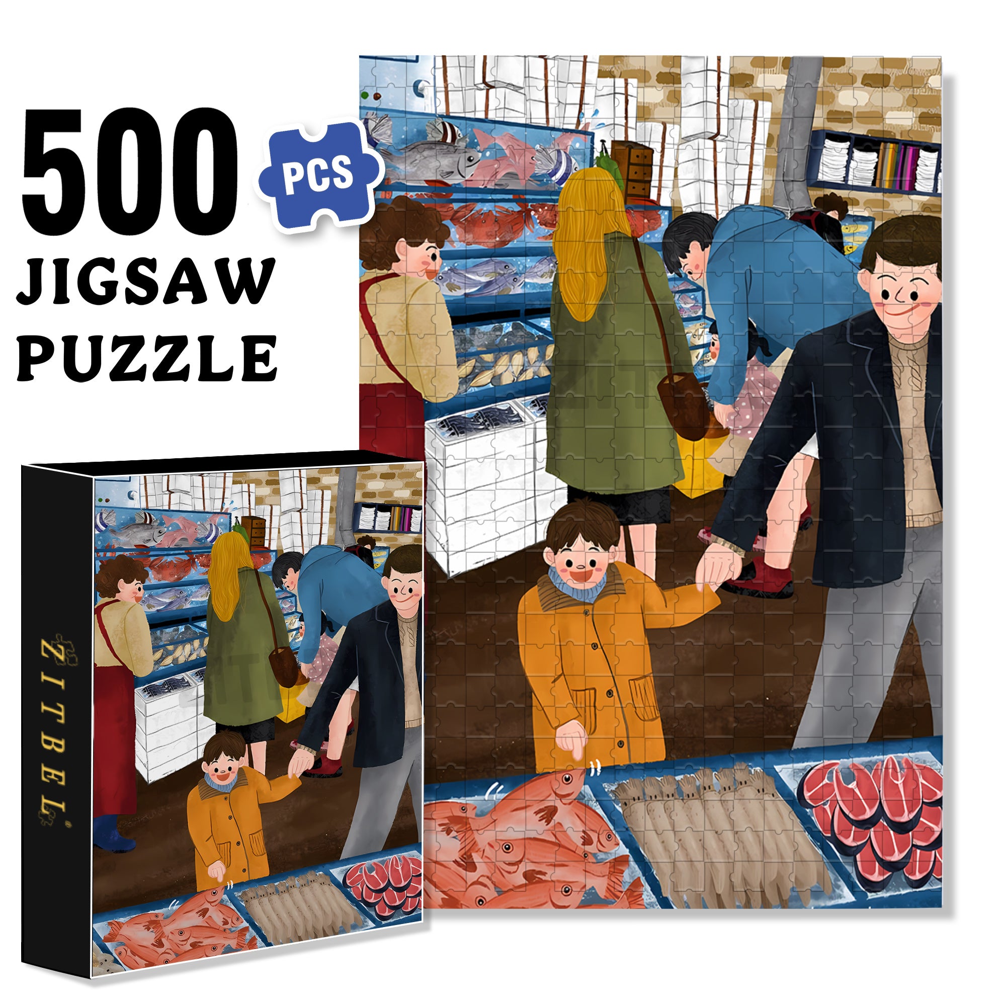 Seafood Market 500pcs/1000pcs Jigsaw Puzzle, Scratch-Resistant, Interactive Family Game & Brain-Boosting DIY Decor, Perfect for Halloween, Christmas & New Year Gifts, Family Puzzle Game