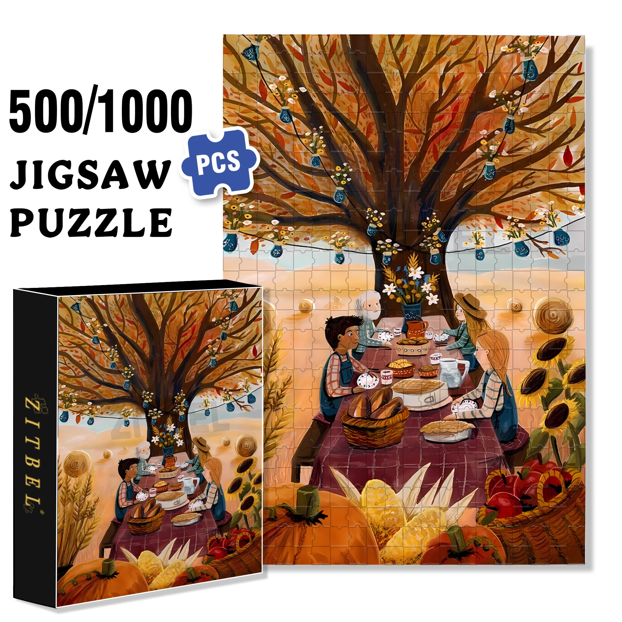Autumn Family Gathering 500pcs/1000pcs Jigsaw Puzzle, Scratch-Resistant, Interactive Family Game & Brain-Boosting DIY Decor, Perfect for Halloween, Christmas & New Year Gifts, Family Puzzle Game