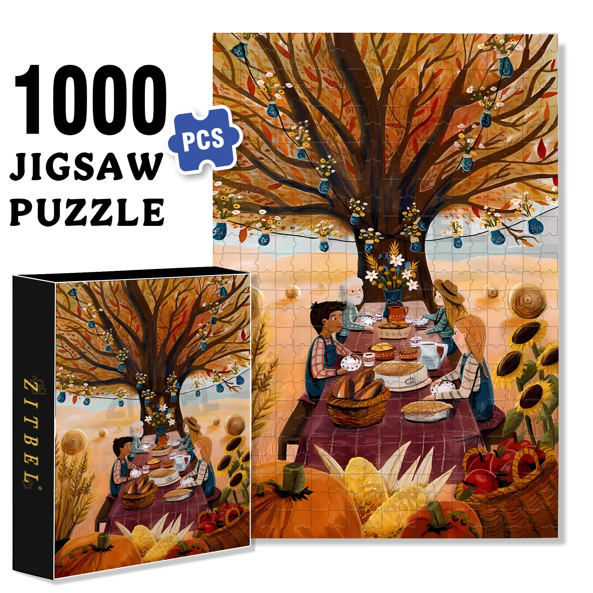 Autumn Family Gathering 500pcs/1000pcs Jigsaw Puzzle, Scratch-Resistant, Interactive Family Game & Brain-Boosting DIY Decor, Perfect for Halloween, Christmas & New Year Gifts, Family Puzzle Game