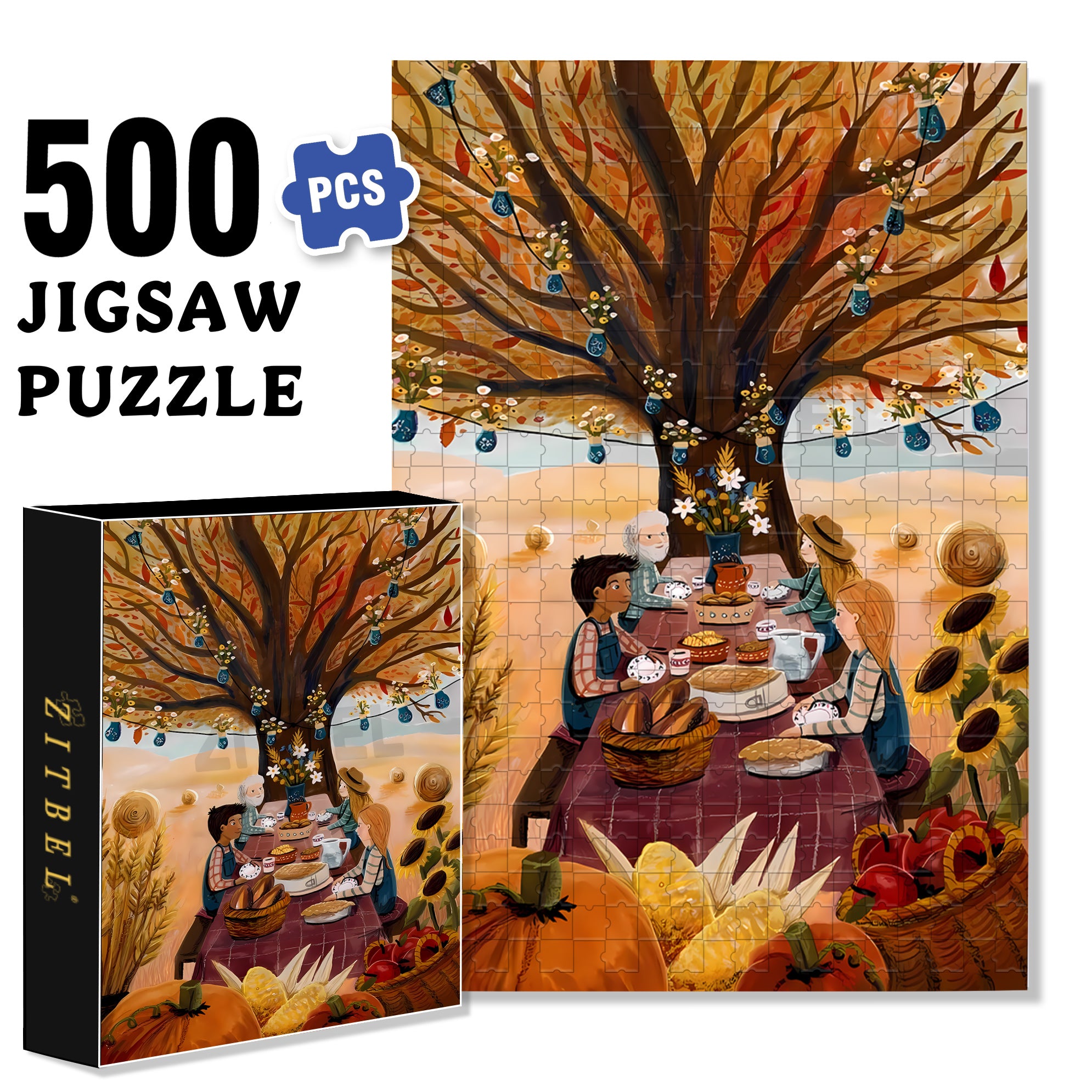 Autumn Family Gathering 500pcs/1000pcs Jigsaw Puzzle, Scratch-Resistant, Interactive Family Game & Brain-Boosting DIY Decor, Perfect for Halloween, Christmas & New Year Gifts, Family Puzzle Game
