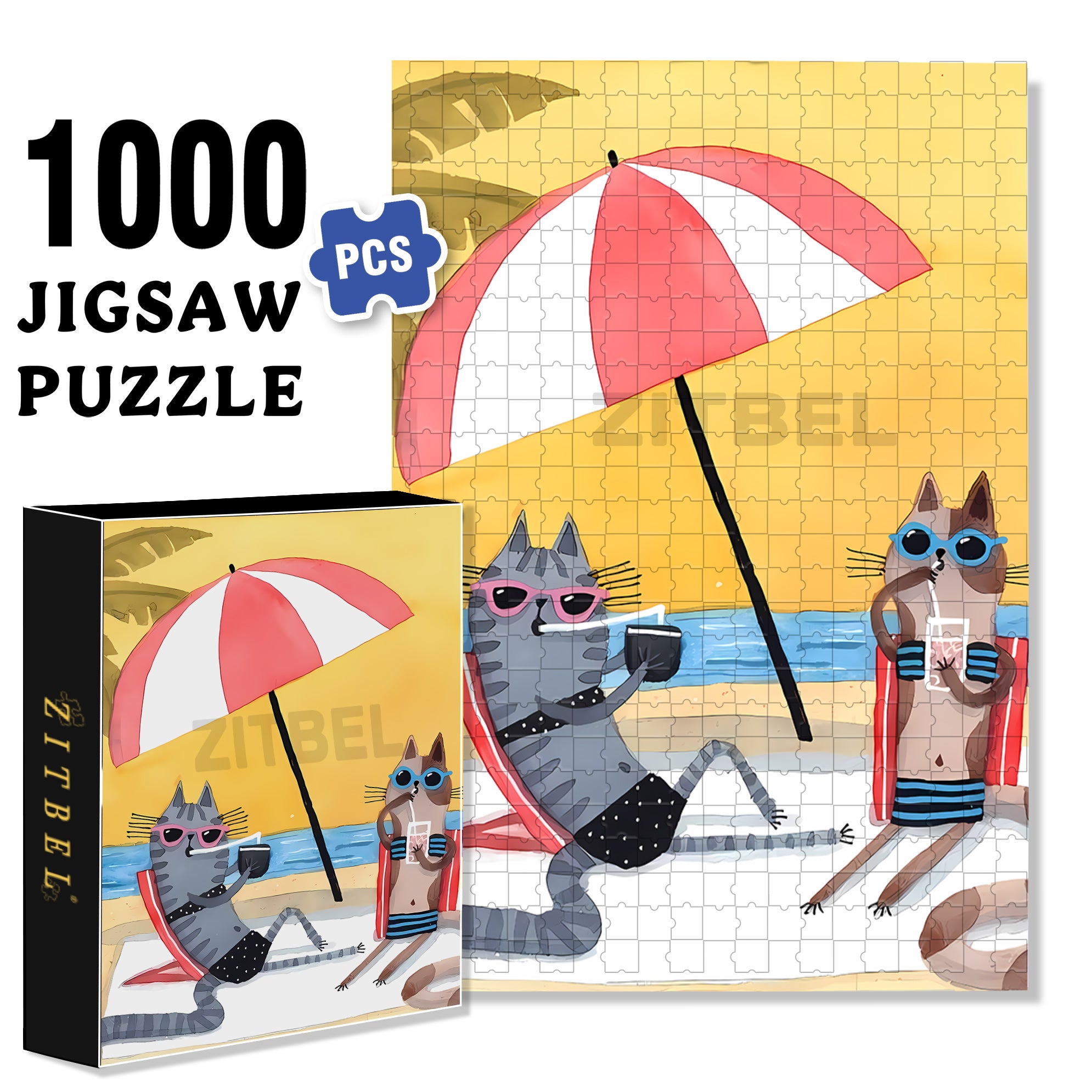 Beach Umbrella 500pcs/1000pcs Jigsaw Puzzle, Scratch-Resistant, Interactive Family Game & Brain-Boosting DIY Decor, Perfect for Halloween, Christmas & New Year Gifts, Family Puzzle Game