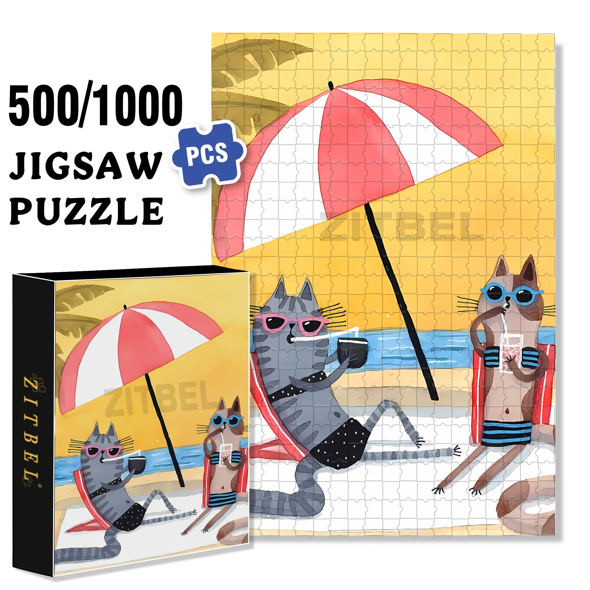 Beach Umbrella 500pcs/1000pcs Jigsaw Puzzle, Scratch-Resistant, Interactive Family Game & Brain-Boosting DIY Decor, Perfect for Halloween, Christmas & New Year Gifts, Family Puzzle Game