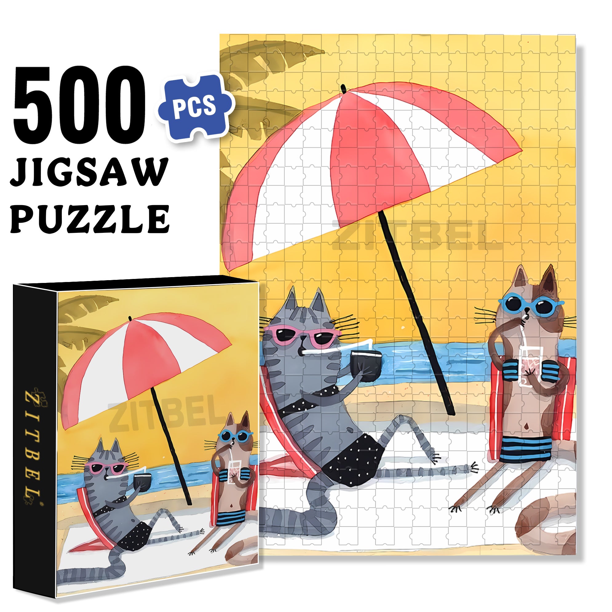 Beach Umbrella 500pcs/1000pcs Jigsaw Puzzle, Scratch-Resistant, Interactive Family Game & Brain-Boosting DIY Decor, Perfect for Halloween, Christmas & New Year Gifts, Family Puzzle Game