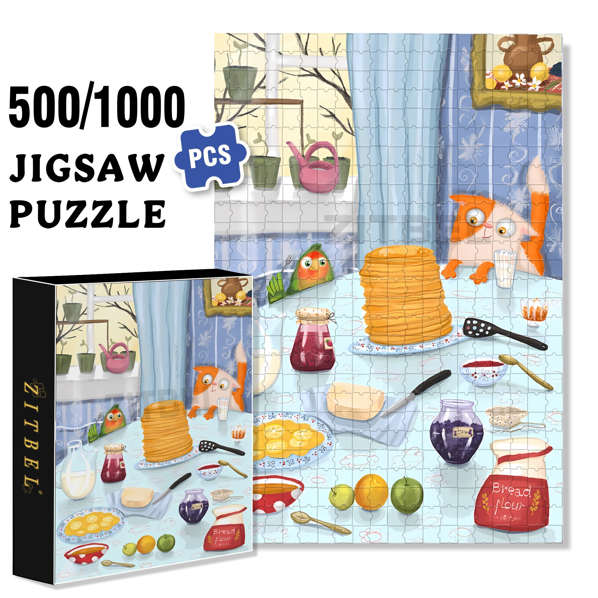 Big Pancake 500pcs/1000pcs Jigsaw Puzzle, Scratch-Resistant, Interactive Family Game & Brain-Boosting DIY Decor, Perfect for Halloween, Christmas & New Year Gifts, Family Puzzle Game