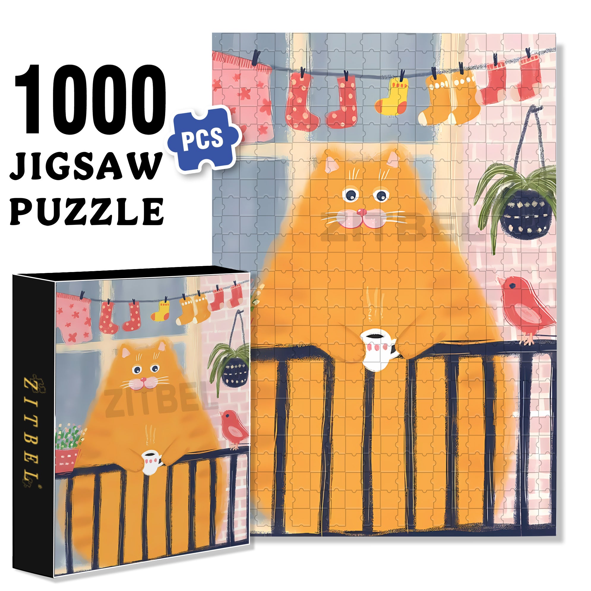 Fat Orange Cat 500pcs/1000pcs Jigsaw Puzzle, Scratch-Resistant, Interactive Family Game & Brain-Boosting DIY Decor, Perfect for Halloween, Christmas & New Year Gifts, Family Puzzle Game