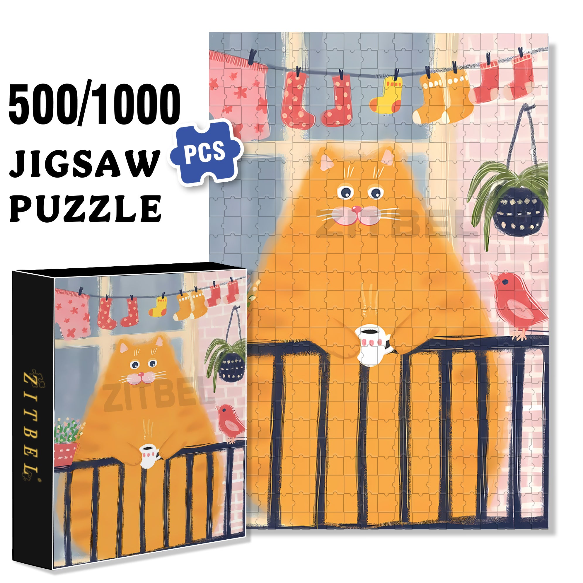 Fat Orange Cat 500pcs/1000pcs Jigsaw Puzzle, Scratch-Resistant, Interactive Family Game & Brain-Boosting DIY Decor, Perfect for Halloween, Christmas & New Year Gifts, Family Puzzle Game
