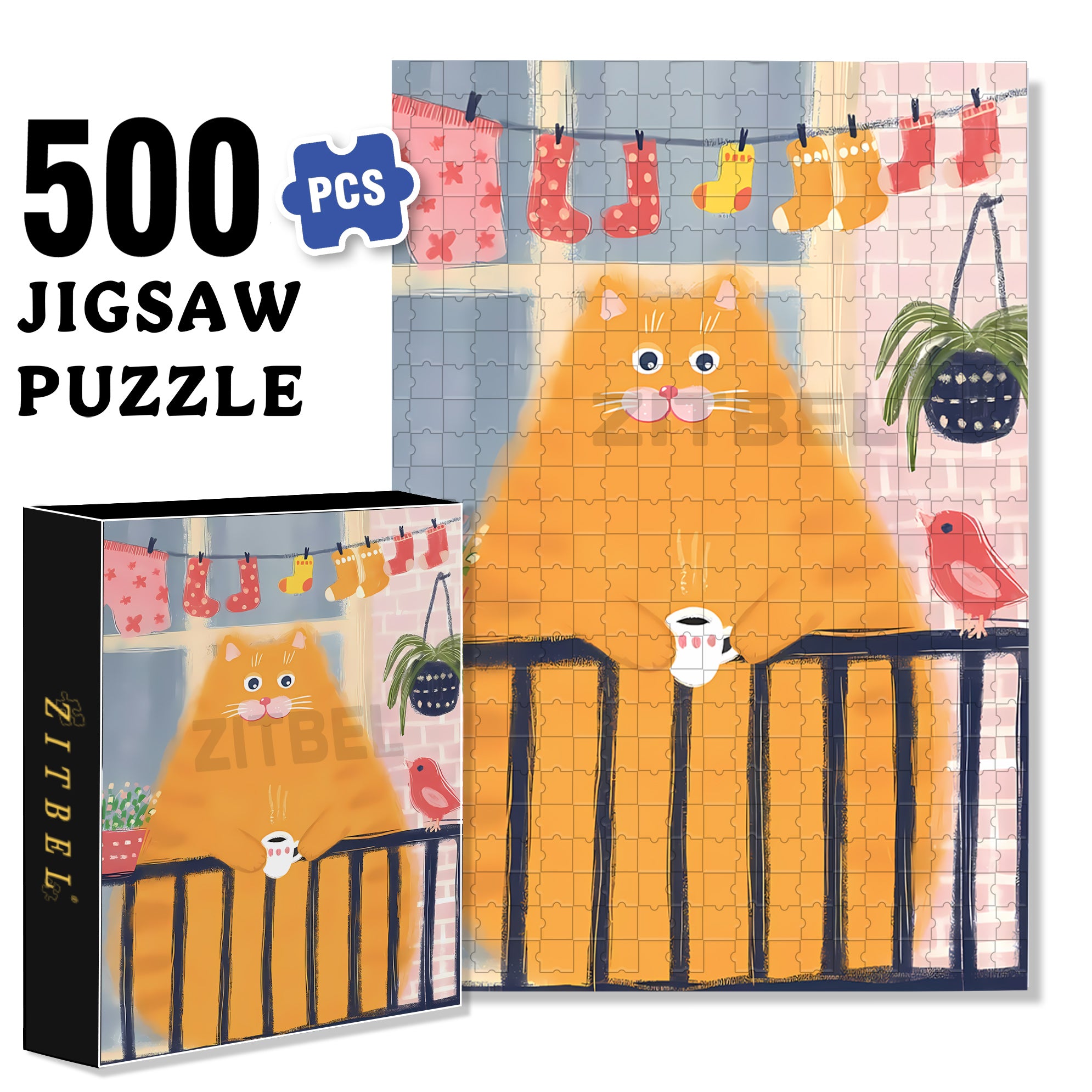 Fat Orange Cat 500pcs/1000pcs Jigsaw Puzzle, Scratch-Resistant, Interactive Family Game & Brain-Boosting DIY Decor, Perfect for Halloween, Christmas & New Year Gifts, Family Puzzle Game