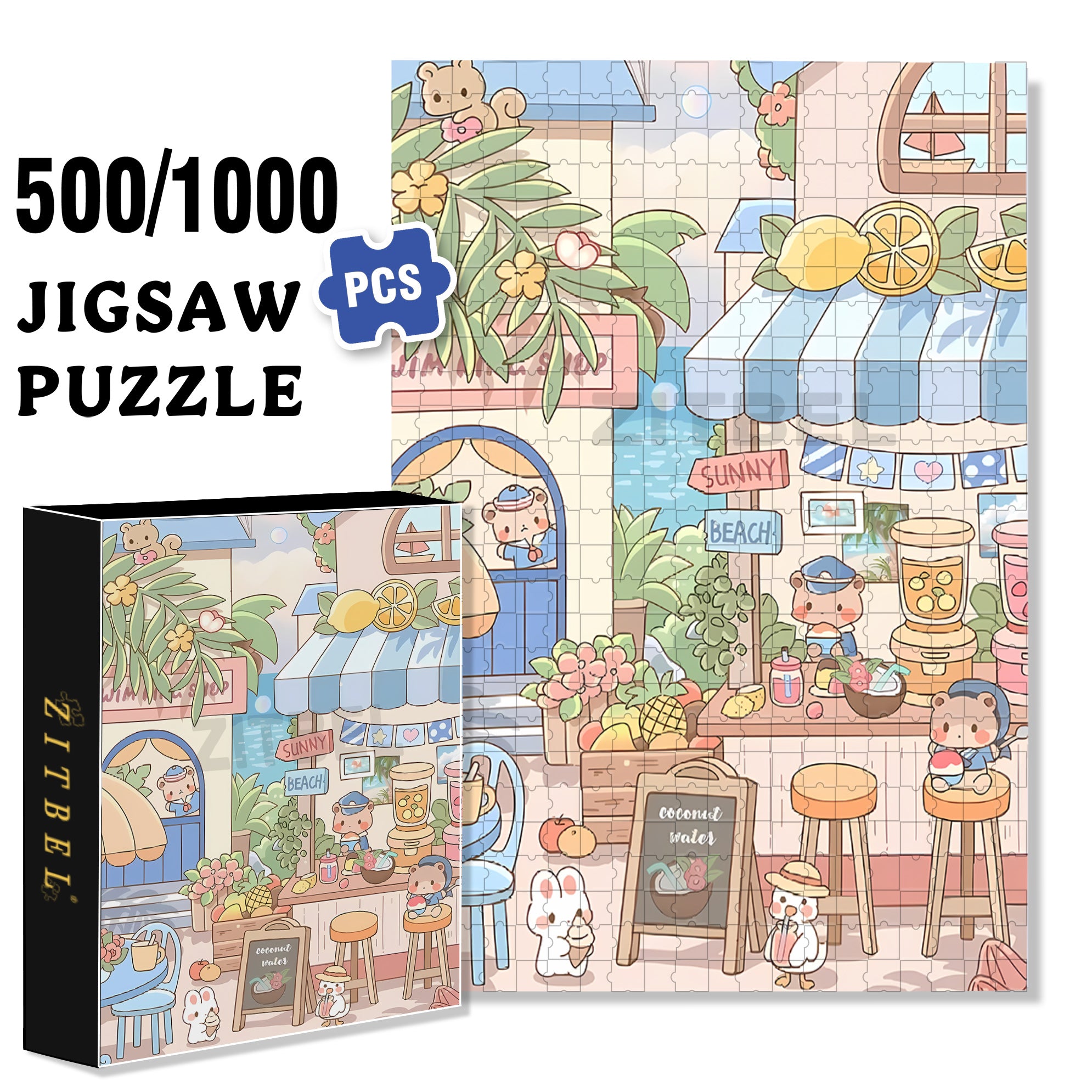 Happy Sunny Beach 500pcs/1000pcs Jigsaw Puzzle, Scratch-Resistant, Interactive Family Game & Brain-Boosting DIY Decor, Perfect for Halloween, Christmas & New Year Gifts, Family Puzzle Game