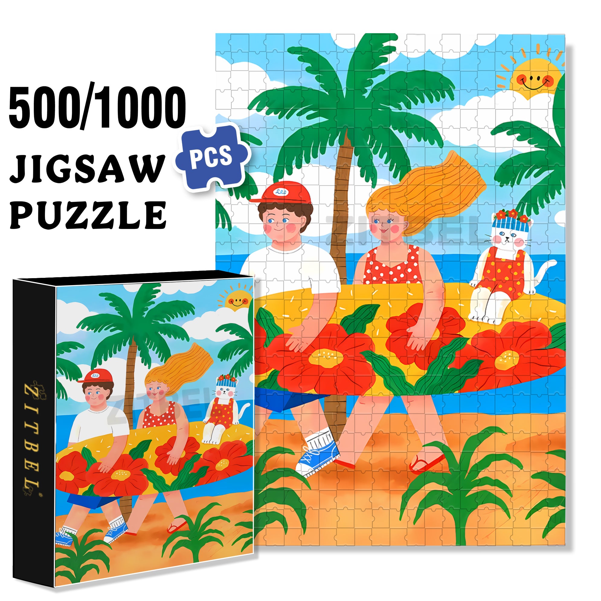 Let's Go Surfing Together. 500pcs/1000pcs Jigsaw Puzzle, Scratch-Resistant, Interactive Family Game & Brain-Boosting DIY Decor, Perfect for Halloween, Christmas & New Year Gifts, Family Puzzle Game