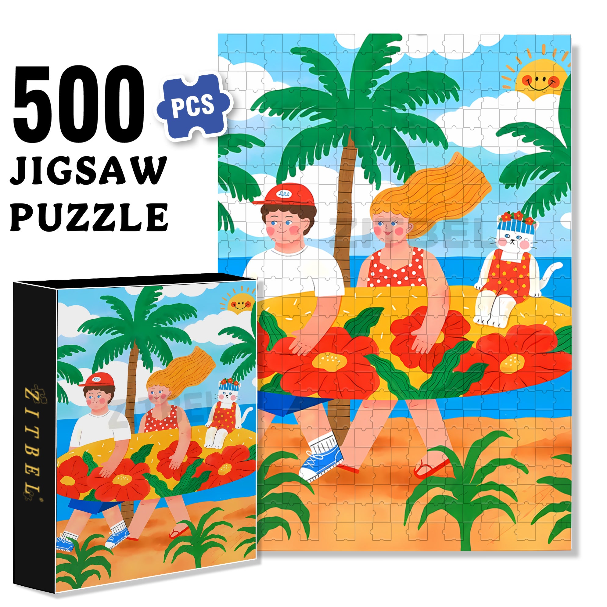 Let's Go Surfing Together. 500pcs/1000pcs Jigsaw Puzzle, Scratch-Resistant, Interactive Family Game & Brain-Boosting DIY Decor, Perfect for Halloween, Christmas & New Year Gifts, Family Puzzle Game