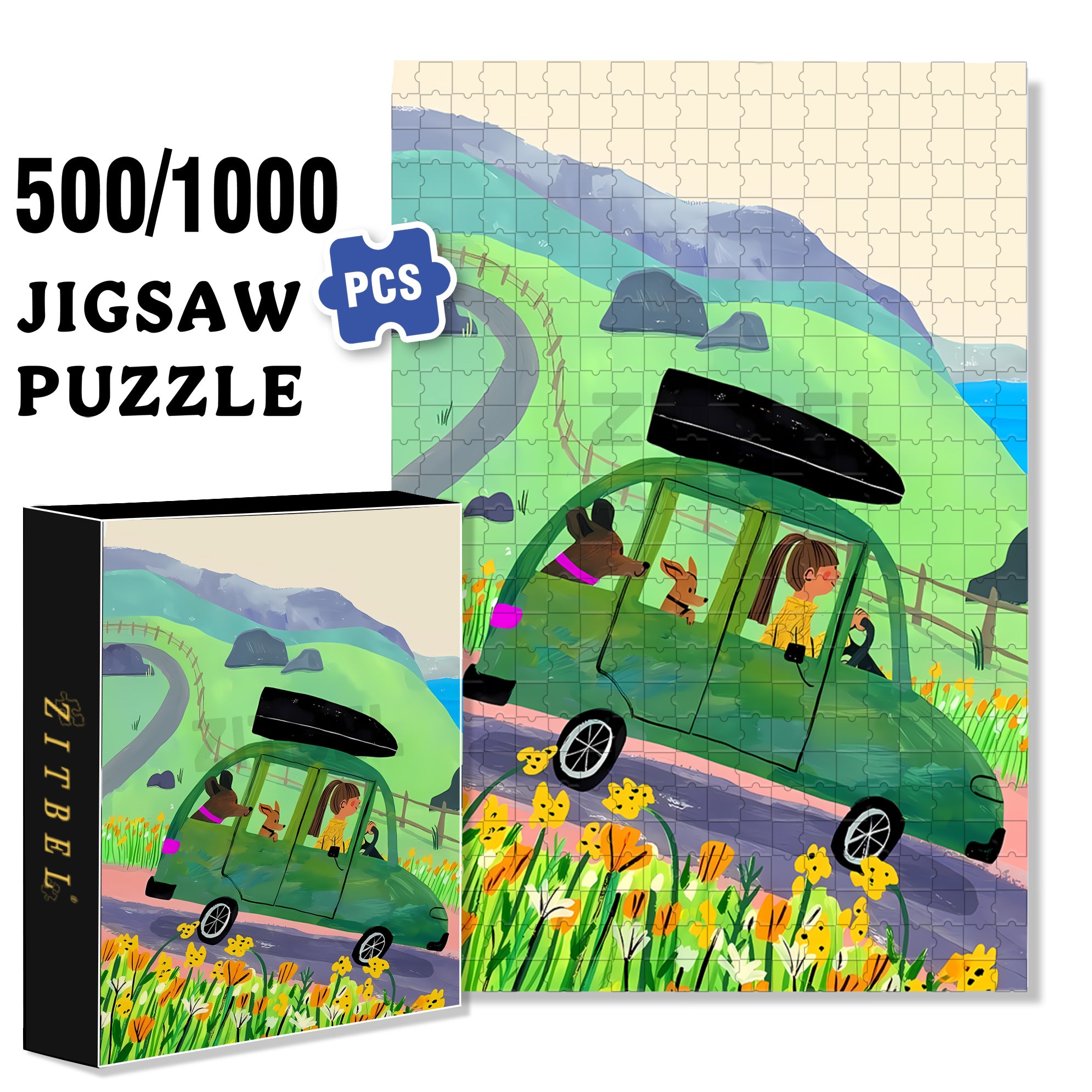 Little Green Car 500pcs/1000pcs Jigsaw Puzzle, Scratch-Resistant, Interactive Family Game & Brain-Boosting DIY Decor, Perfect for Halloween, Christmas & New Year Gifts, Family Puzzle Game