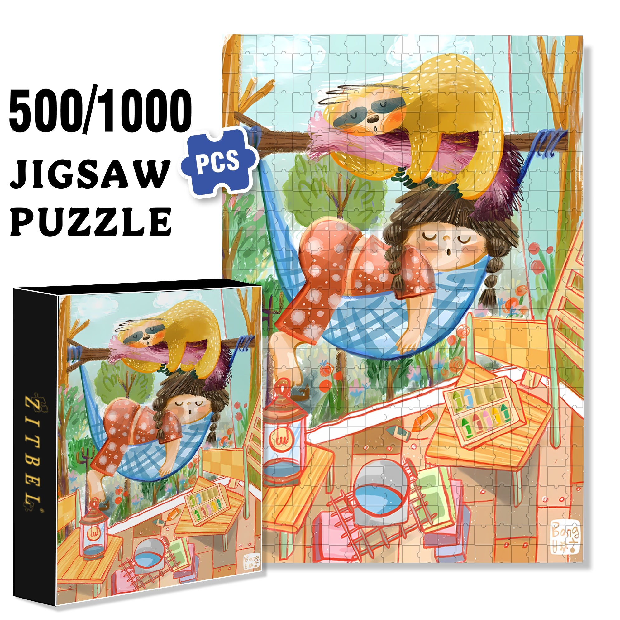 Take Nap With Sloths 500pcs/1000pcs Jigsaw Puzzle, Scratch-Resistant, Interactive Family Game & Brain-Boosting DIY Decor, Perfect for Halloween, Christmas & New Year Gifts, Family Puzzle Game