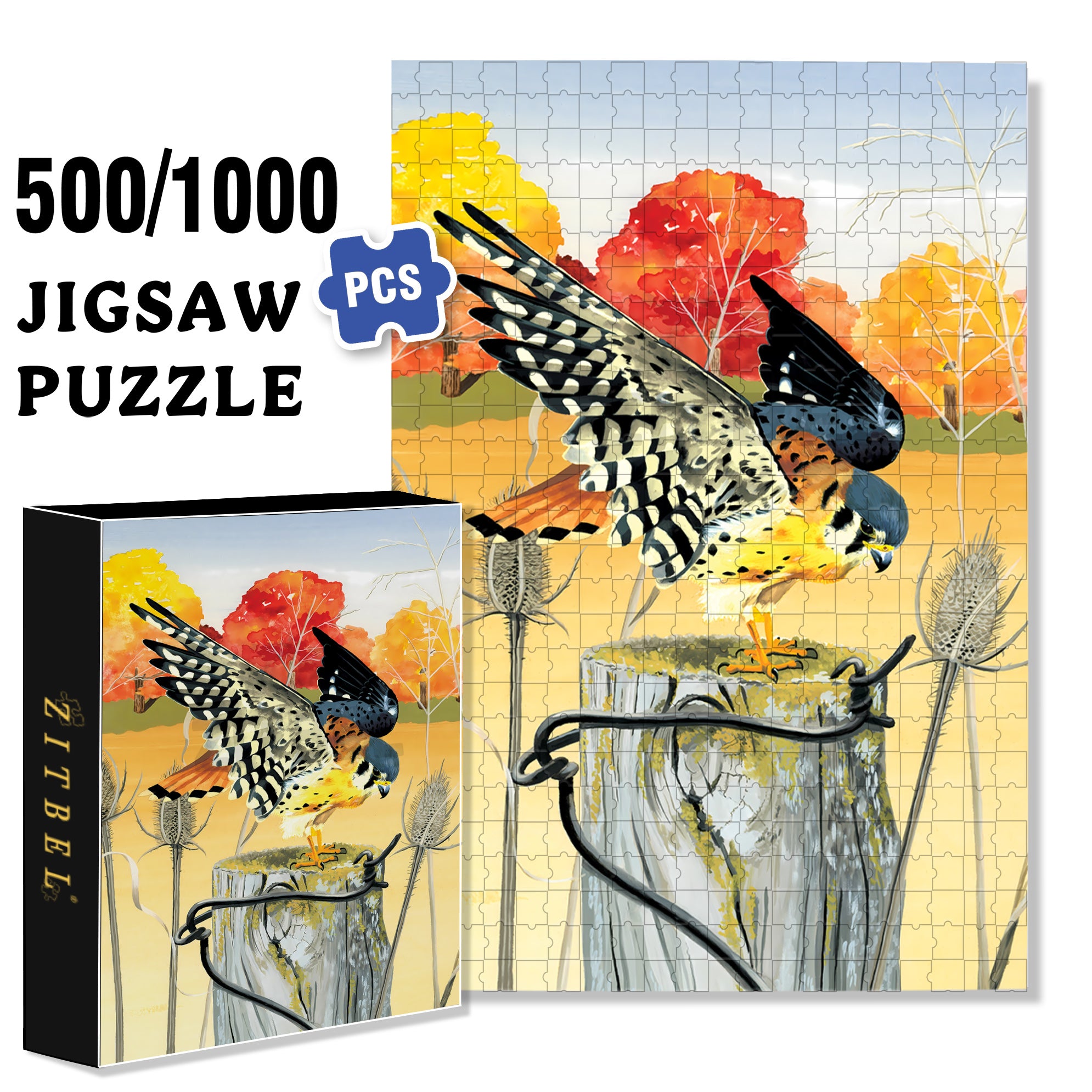 American Kestrel 500pcs/1000pcs Jigsaw Puzzle, Scratch-Resistant, Interactive Family Game & Brain-Boosting DIY Decor, Perfect for Halloween, Christmas & New Year Gifts, Family Puzzle Game