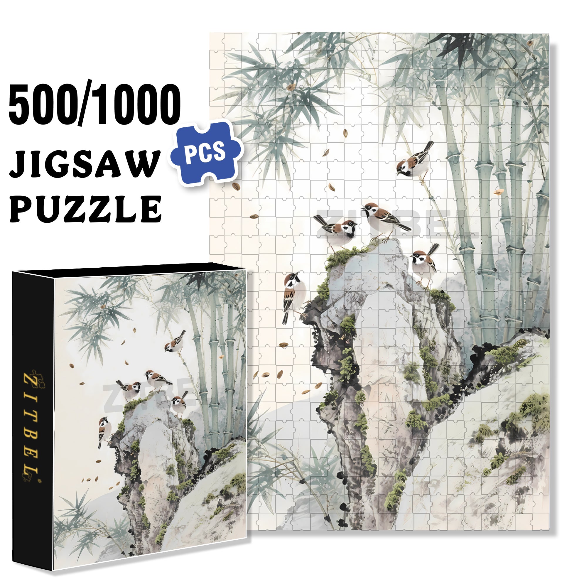 Bamboo And Sparrows 500pcs/1000pcs Jigsaw Puzzle, Scratch-Resistant, Interactive Family Game & Brain-Boosting DIY Decor, Perfect for Halloween, Christmas & New Year Gifts, Family Puzzle Game