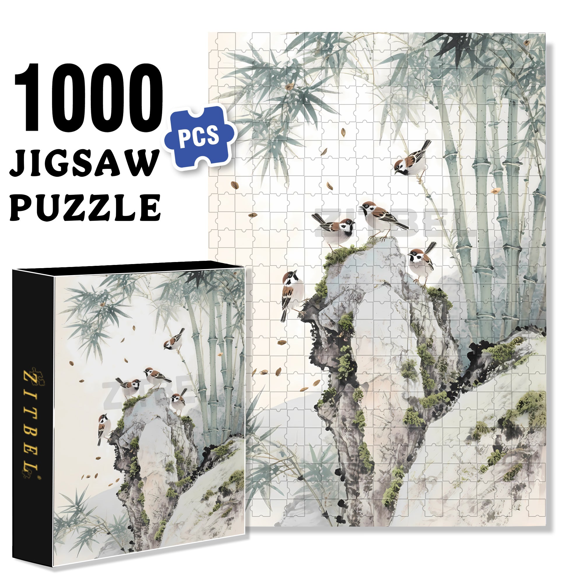 Bamboo And Sparrows 500pcs/1000pcs Jigsaw Puzzle, Scratch-Resistant, Interactive Family Game & Brain-Boosting DIY Decor, Perfect for Halloween, Christmas & New Year Gifts, Family Puzzle Game