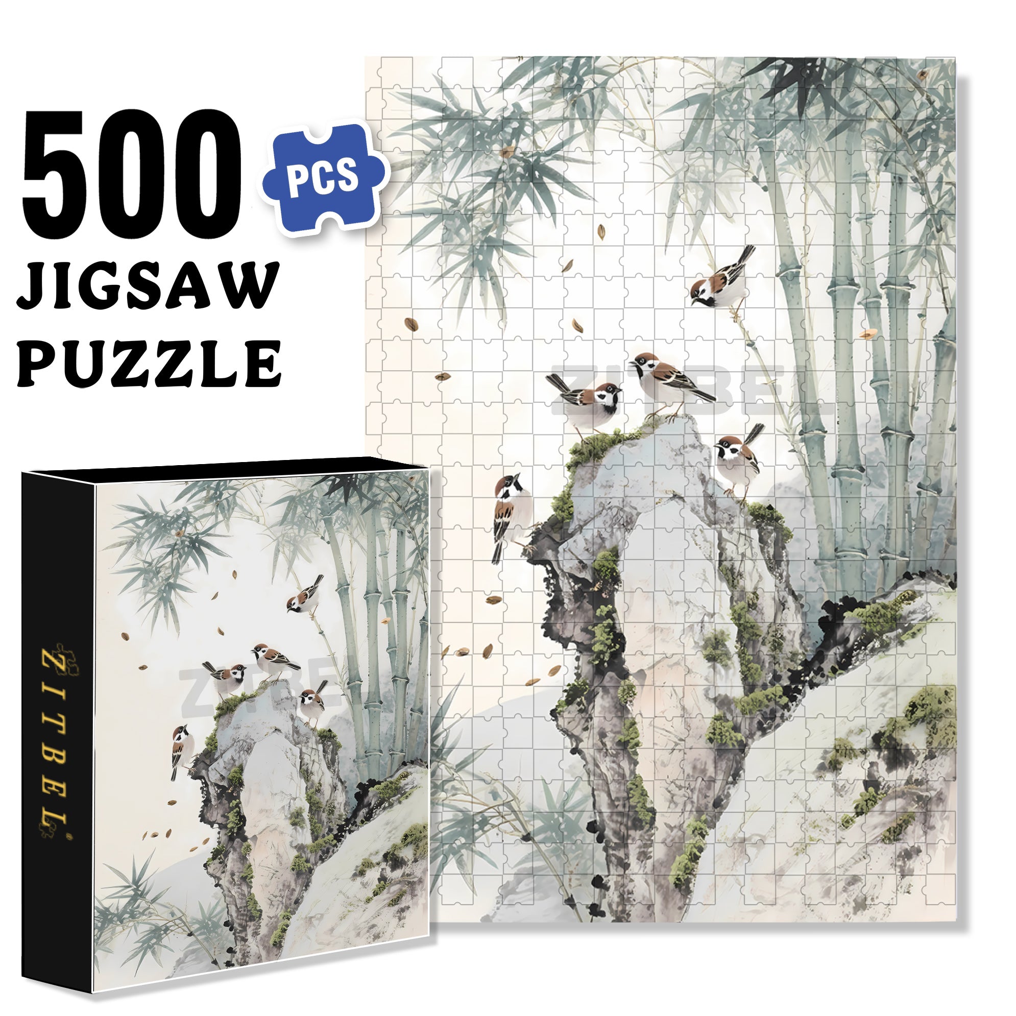 Bamboo And Sparrows 500pcs/1000pcs Jigsaw Puzzle, Scratch-Resistant, Interactive Family Game & Brain-Boosting DIY Decor, Perfect for Halloween, Christmas & New Year Gifts, Family Puzzle Game