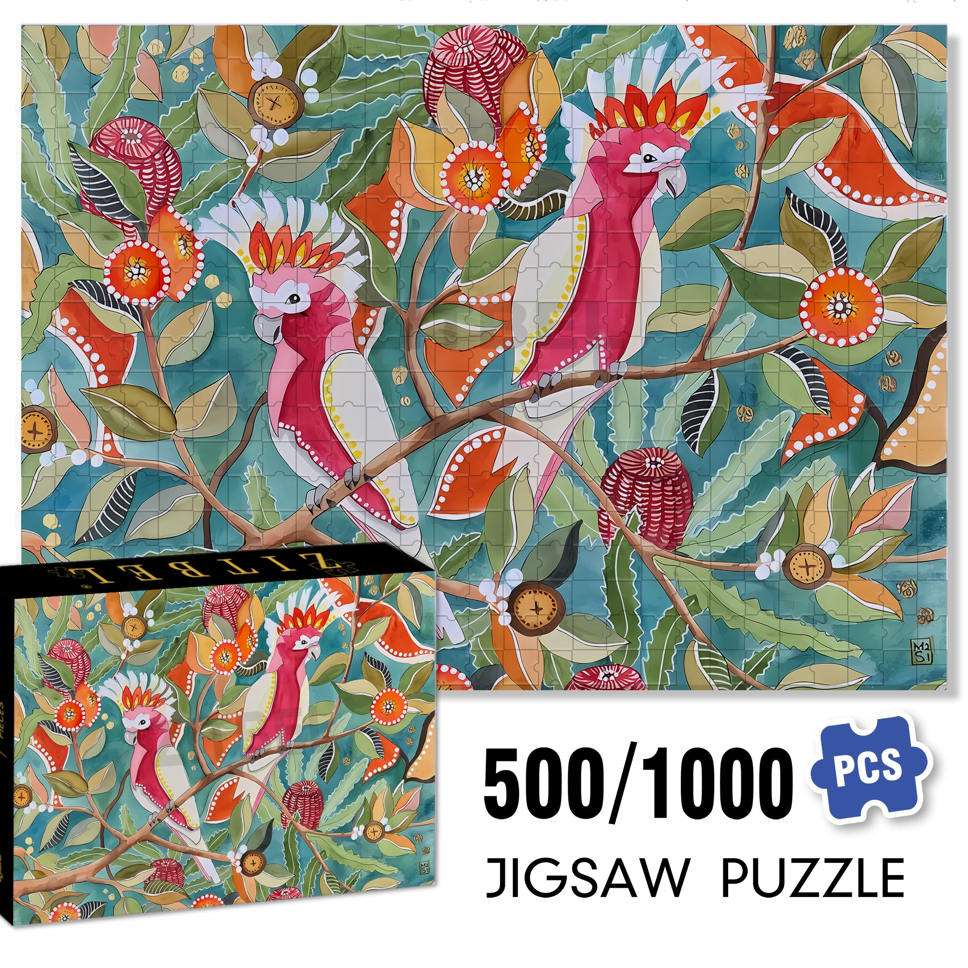 Cockatoos 500pcs/1000pcs Jigsaw Puzzle, Scratch-Resistant, Interactive Family Game & Brain-Boosting DIY Decor, Perfect for Halloween, Christmas & New Year Gifts, Family Puzzle Game