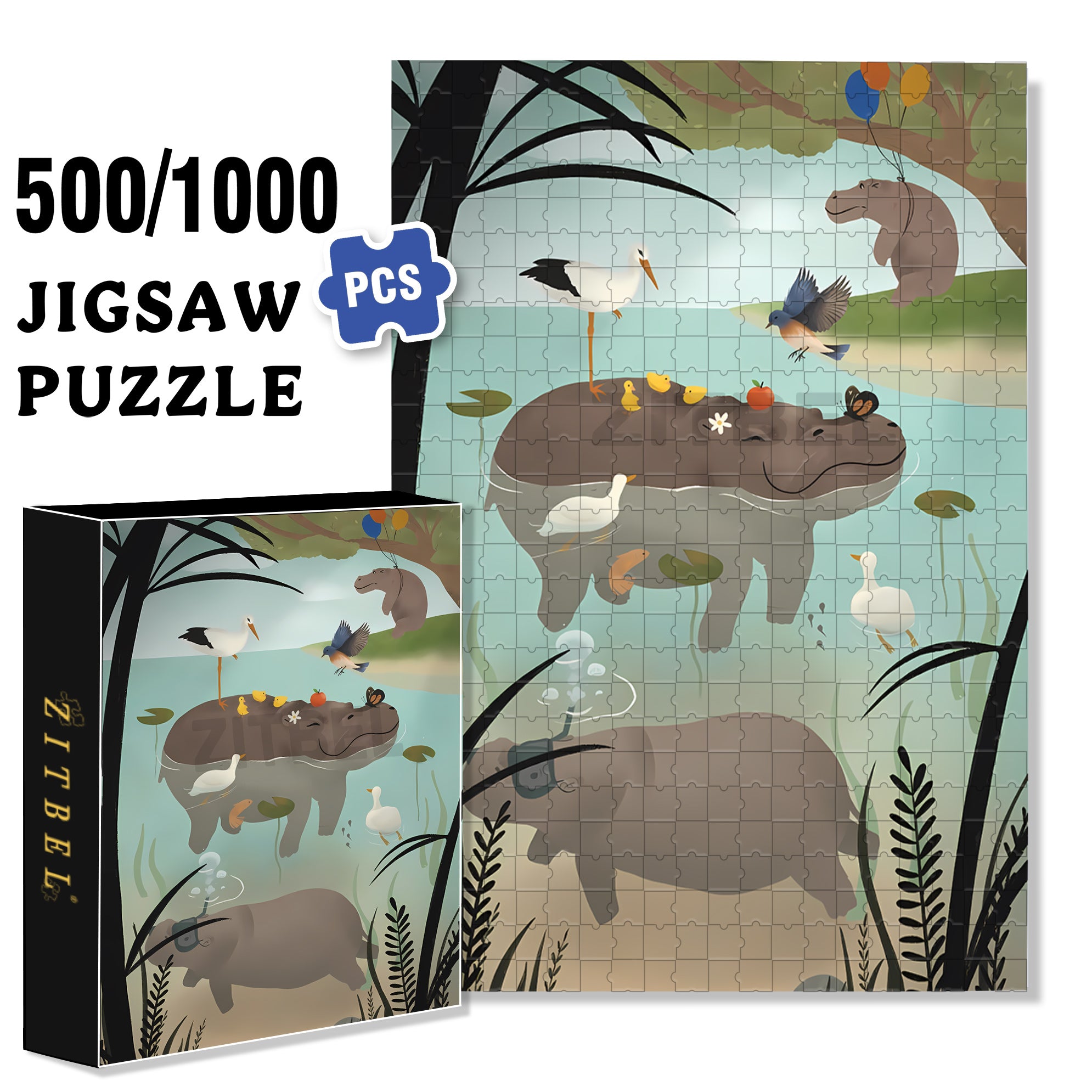 Happy Hippo 500pcs/1000pcs Jigsaw Puzzle, Scratch-Resistant, Interactive Family Game & Brain-Boosting DIY Decor, Perfect for Halloween, Christmas & New Year Gifts, Family Puzzle Game