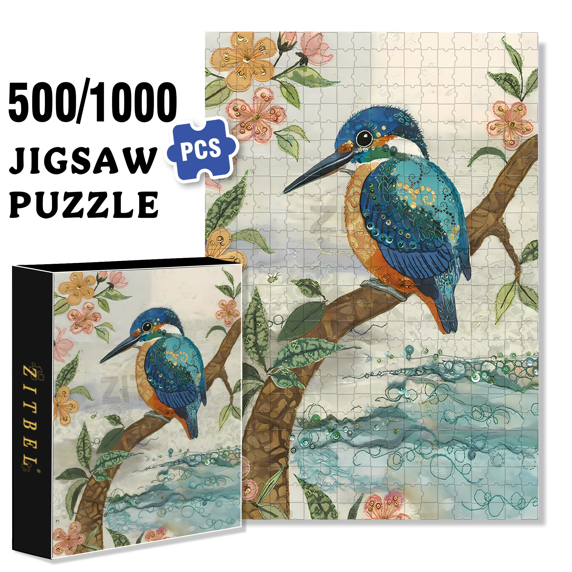 Jeweled Kingfisher 500pcs/1000pcs Jigsaw Puzzle, Scratch-Resistant, Interactive Family Game & Brain-Boosting DIY Decor, Perfect for Halloween, Christmas & New Year Gifts, Family Puzzle Game