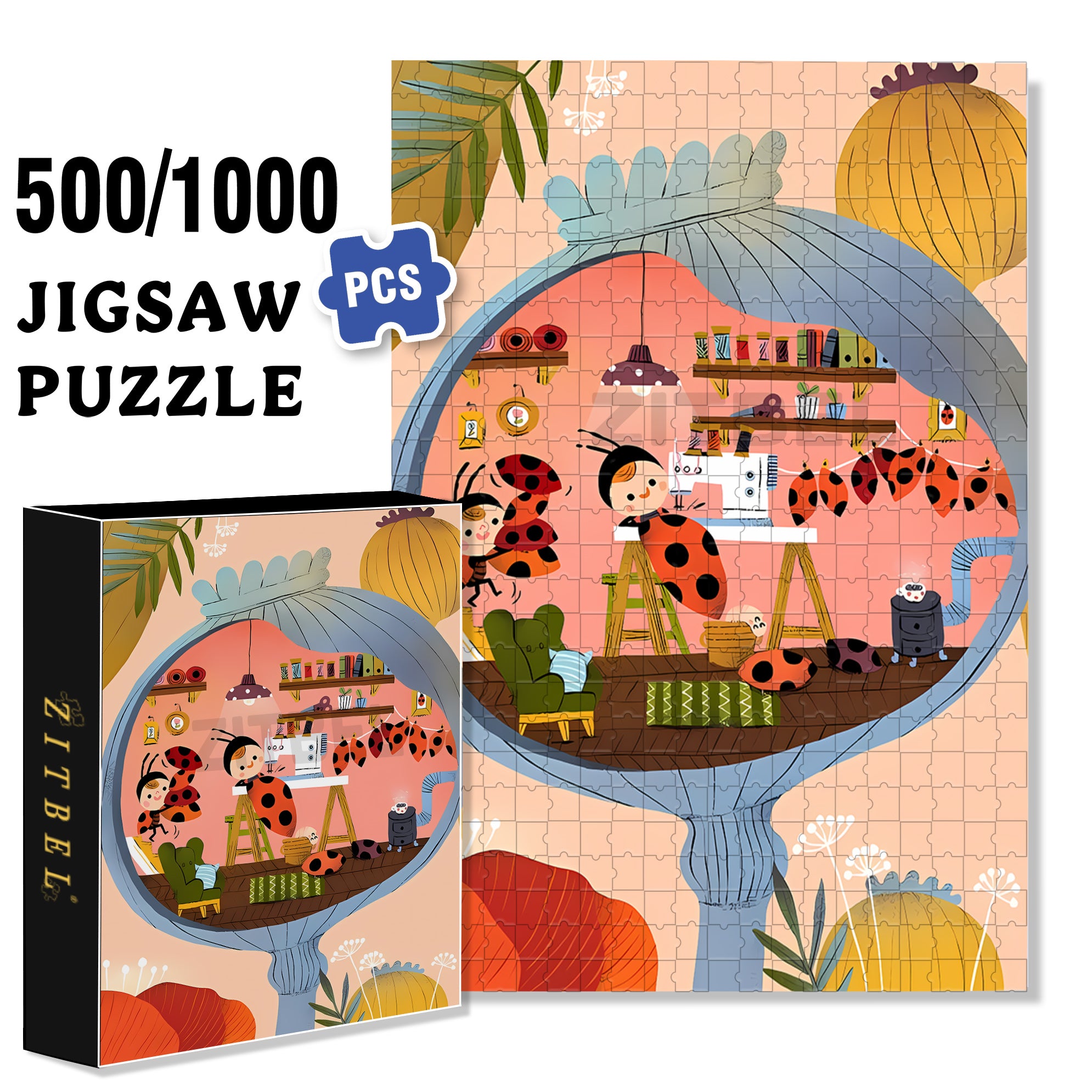 Ladybug Wings 500pcs/1000pcs Jigsaw Puzzle, Scratch-Resistant, Interactive Family Game & Brain-Boosting DIY Decor, Perfect for Halloween, Christmas & New Year Gifts, Family Puzzle Game