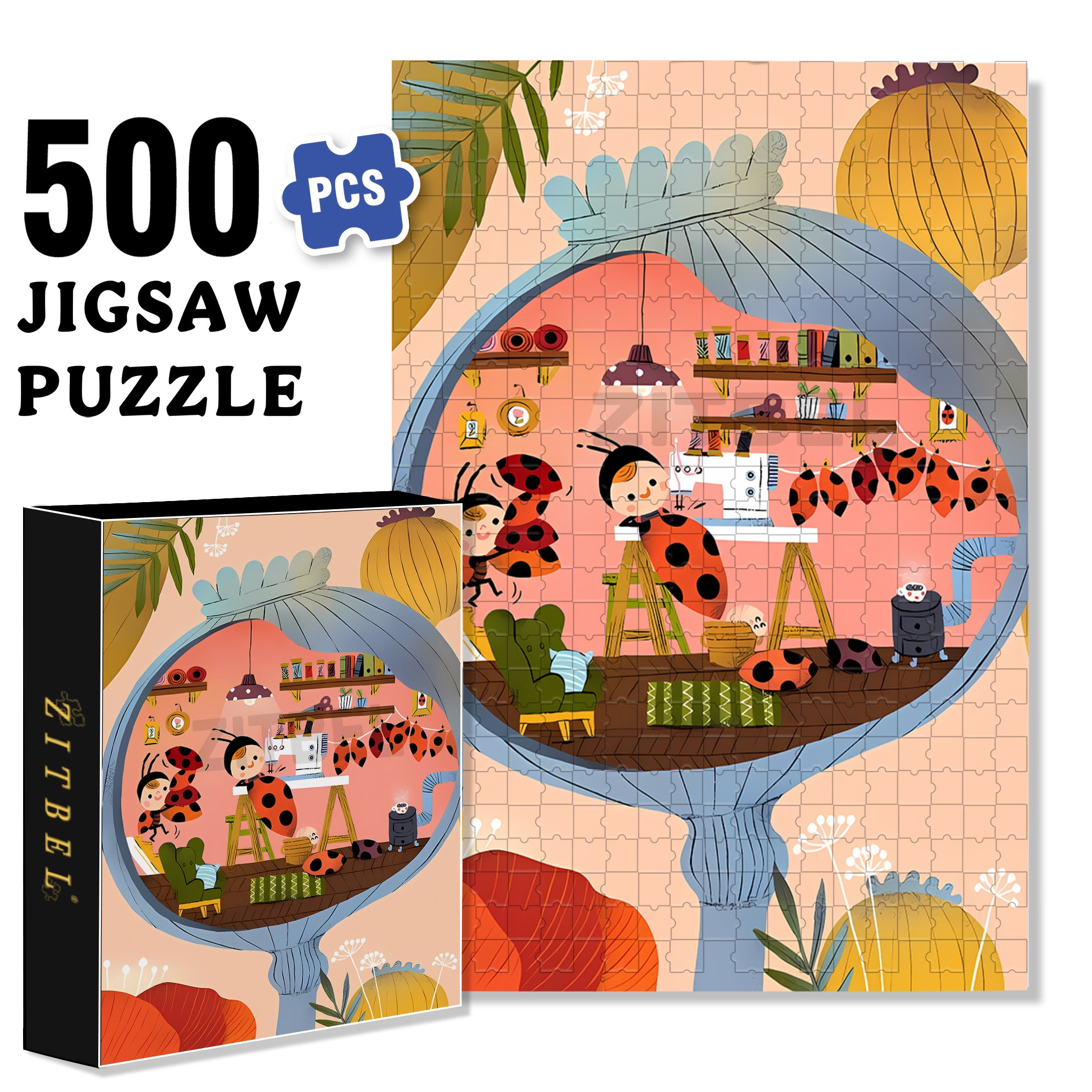 Ladybug Wings 500pcs/1000pcs Jigsaw Puzzle, Scratch-Resistant, Interactive Family Game & Brain-Boosting DIY Decor, Perfect for Halloween, Christmas & New Year Gifts, Family Puzzle Game