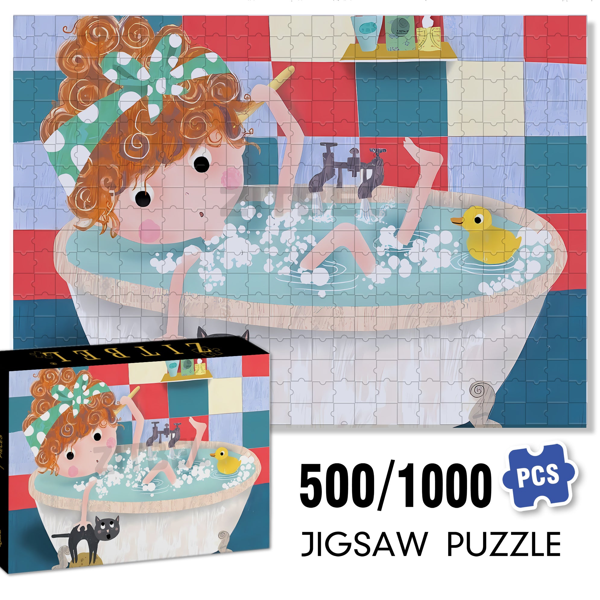 Let's Take A Bath Together 500pcs/1000pcs Jigsaw Puzzle, Scratch-Resistant, Interactive Family Game & Brain-Boosting DIY Decor, Perfect for Halloween, Christmas & New Year Gifts, Family Puzzle Game