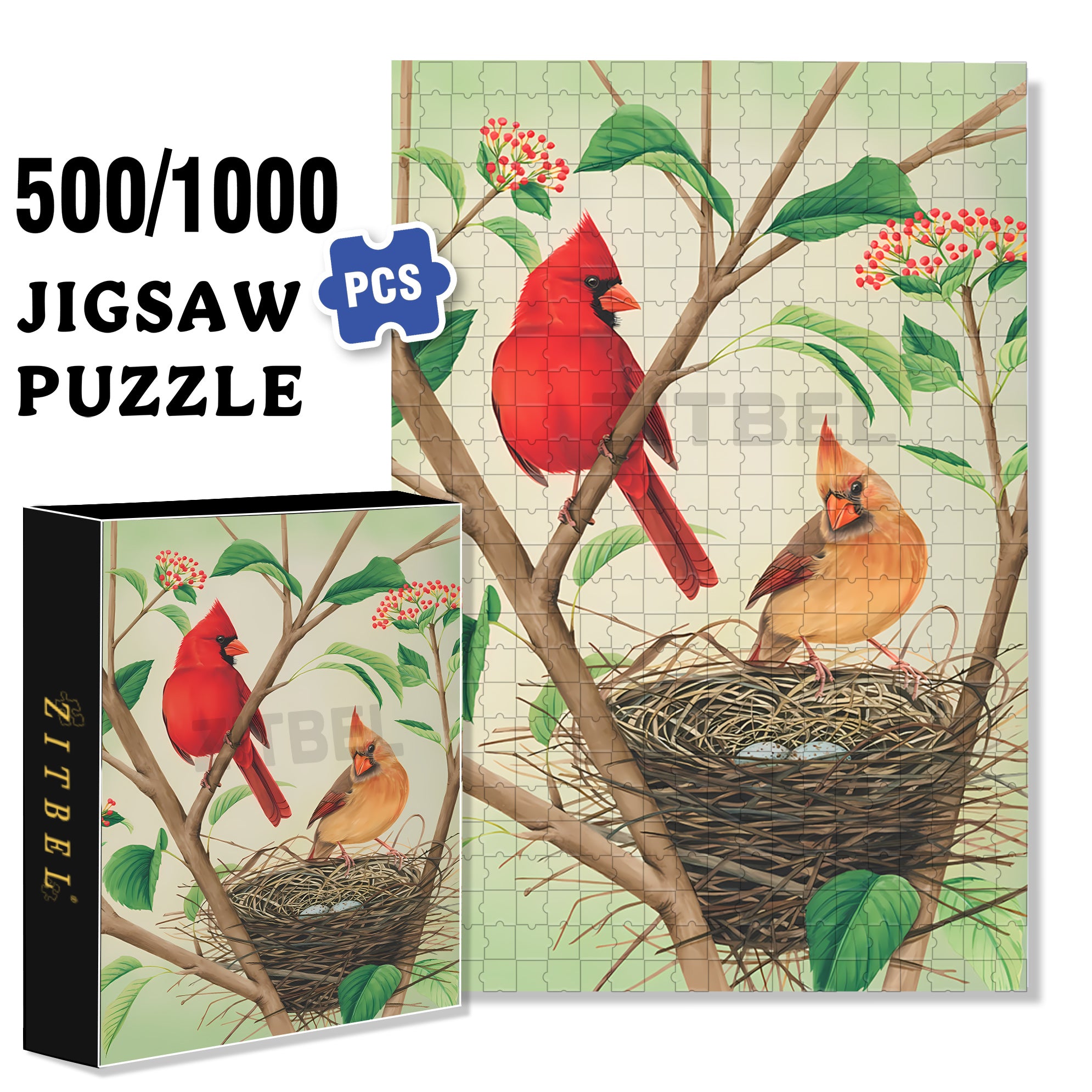 Northern Cardinals 500pcs/1000pcs Jigsaw Puzzle, Scratch-Resistant, Interactive Family Game & Brain-Boosting DIY Decor, Perfect for Halloween, Christmas & New Year Gifts, Family Puzzle Game