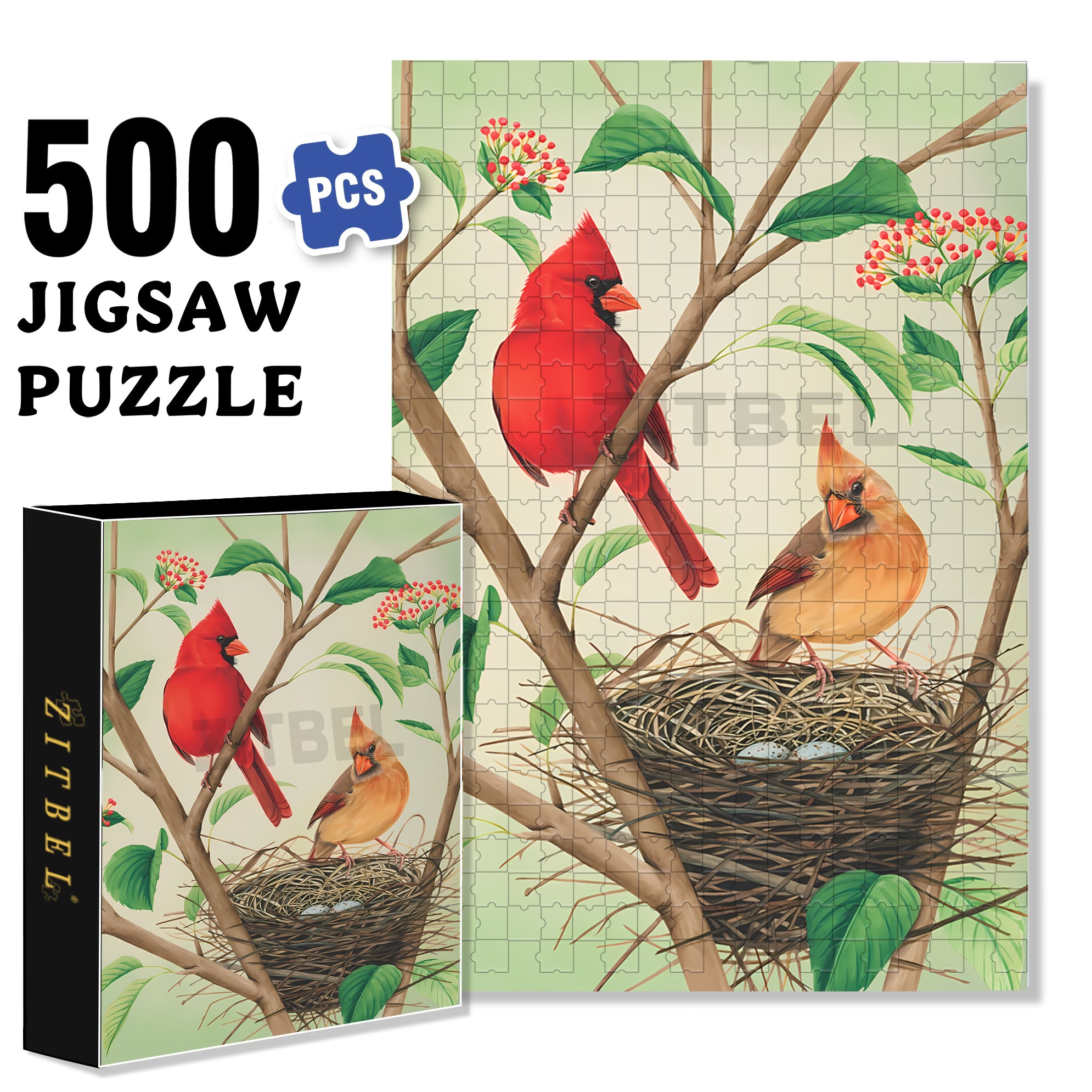 Northern Cardinals 500pcs/1000pcs Jigsaw Puzzle, Scratch-Resistant, Interactive Family Game & Brain-Boosting DIY Decor, Perfect for Halloween, Christmas & New Year Gifts, Family Puzzle Game