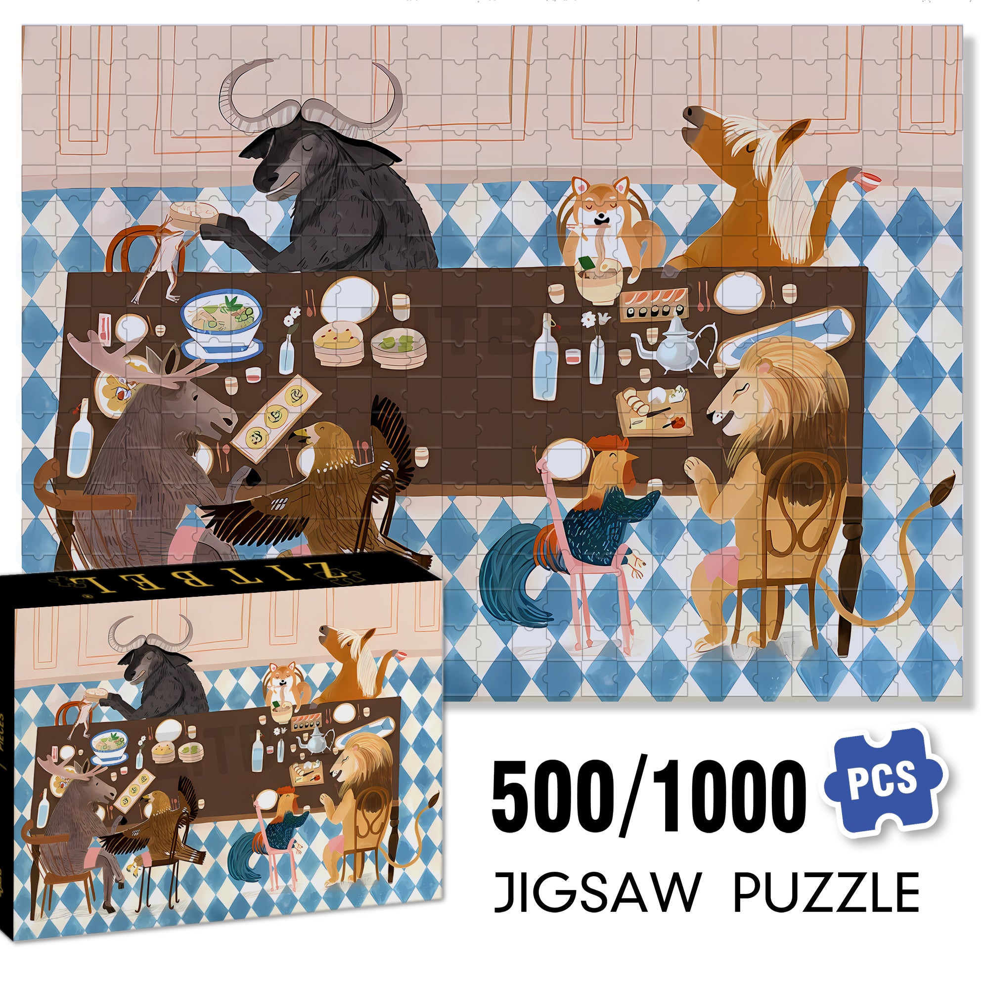 Animal Restaurant 500pcs/1000pcs Jigsaw Puzzle, Scratch-Resistant, Interactive Family Game & Brain-Boosting DIY Decor, Perfect for Halloween, Christmas & New Year Gifts, Family Puzzle Game