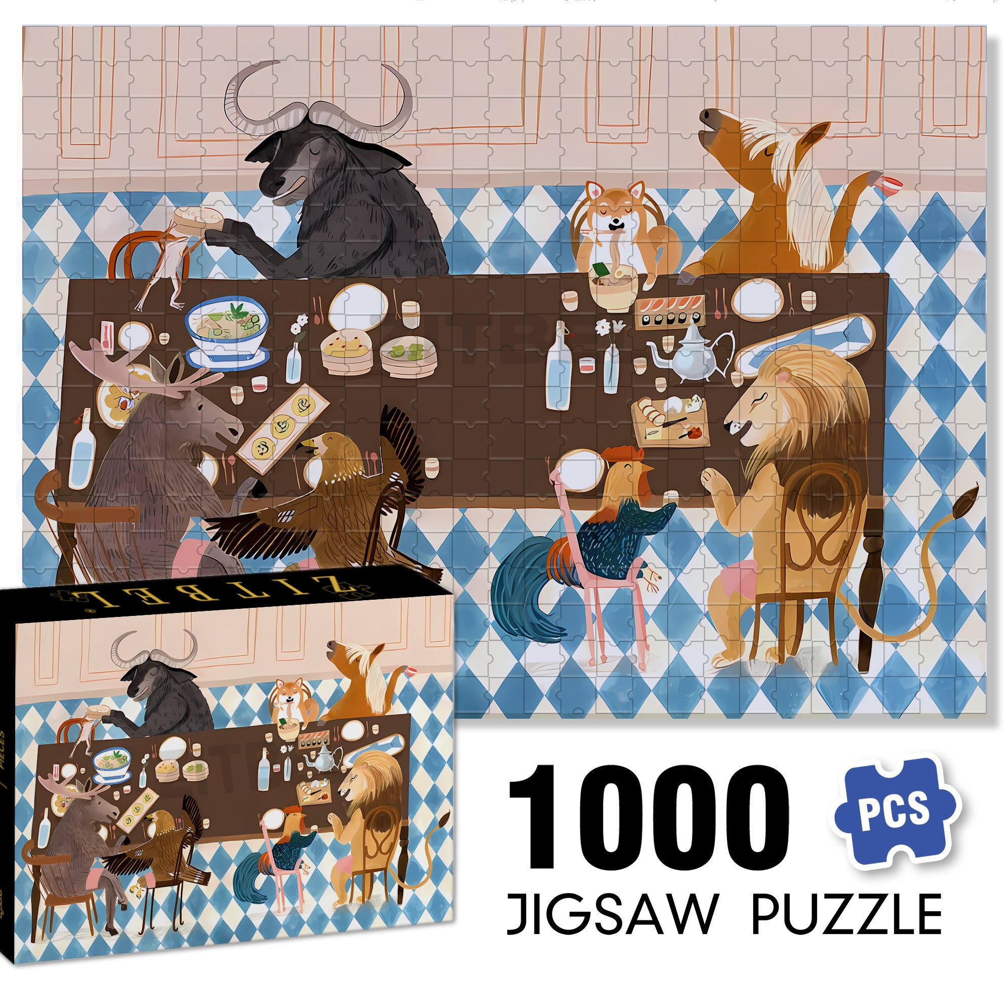 Animal Restaurant 500pcs/1000pcs Jigsaw Puzzle, Scratch-Resistant, Interactive Family Game & Brain-Boosting DIY Decor, Perfect for Halloween, Christmas & New Year Gifts, Family Puzzle Game